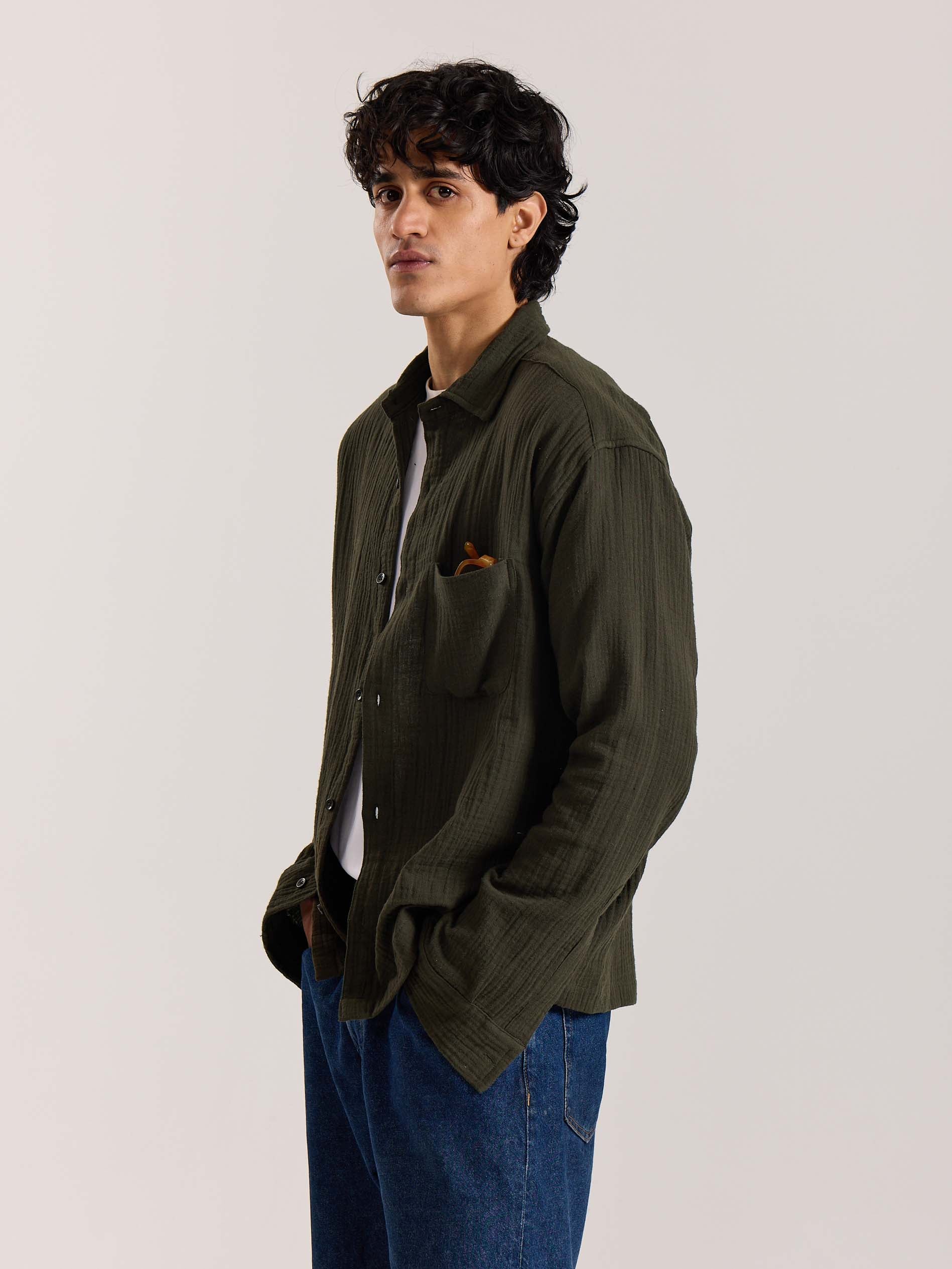 Dark Olive Gauze Holiday Shirt - Image 4