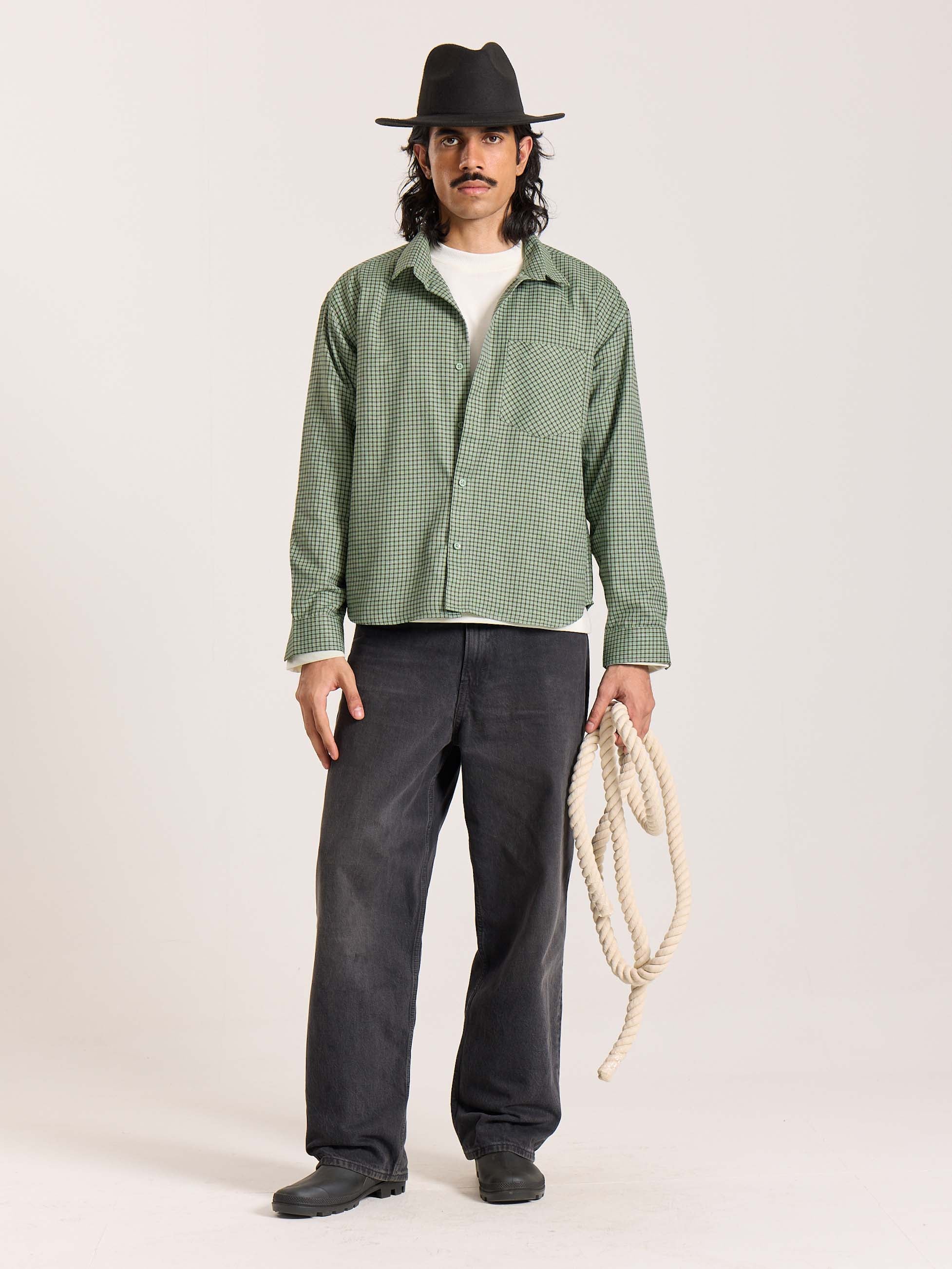 Green Checkered Oversized Cropped Shirt