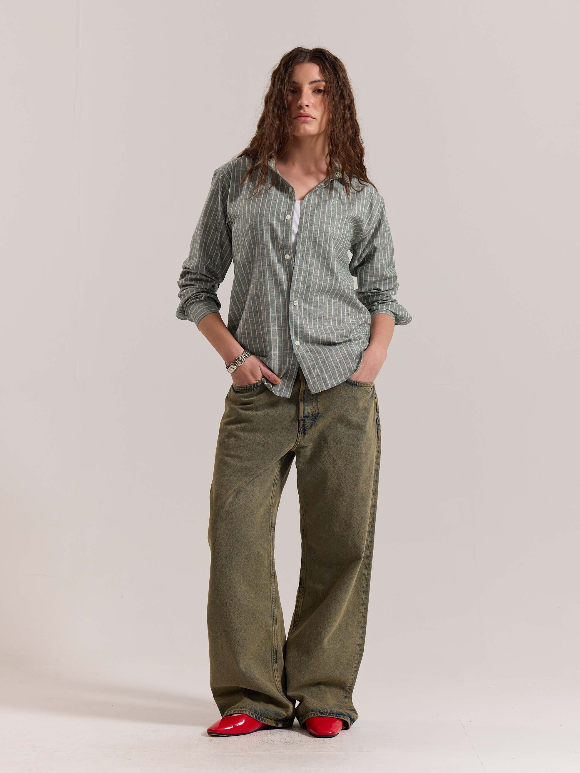Green Striped Linen-blend Shirt (Pre-Order) - Image 2
