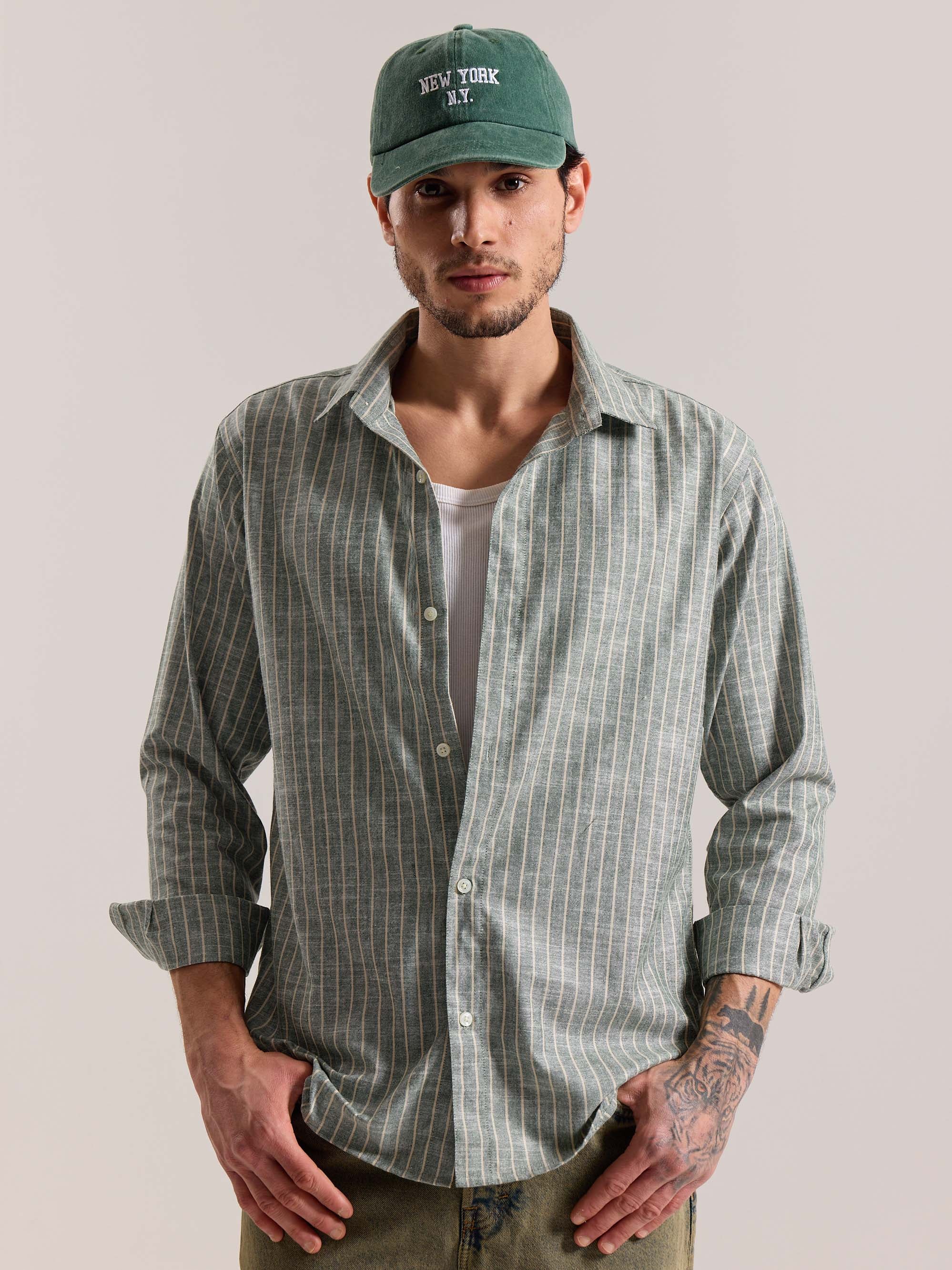 Green Striped Linen-blend Shirt (Pre-Order) - Image 3