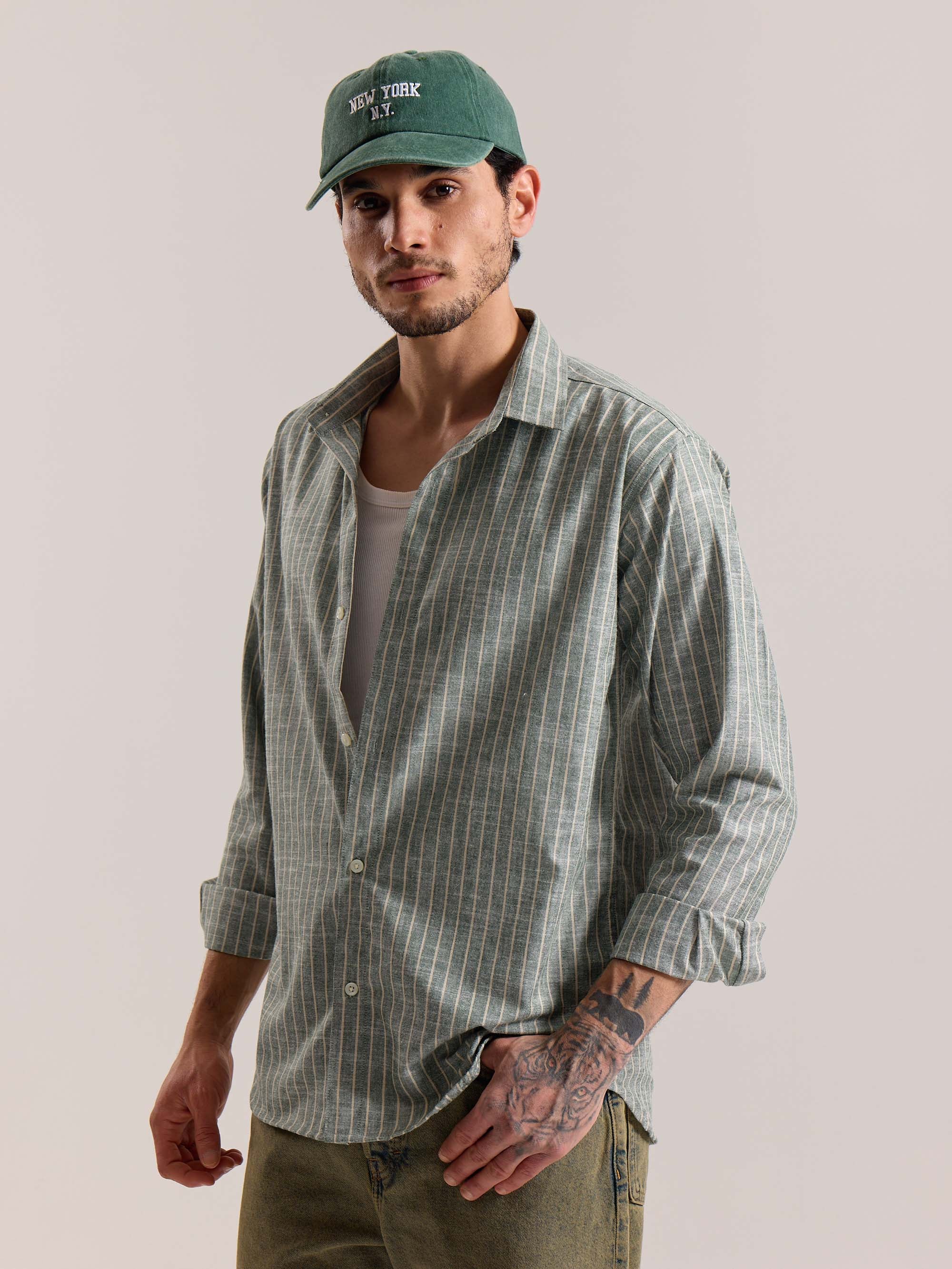 Green Striped Linen-blend Shirt (Pre-Order) - Image 6