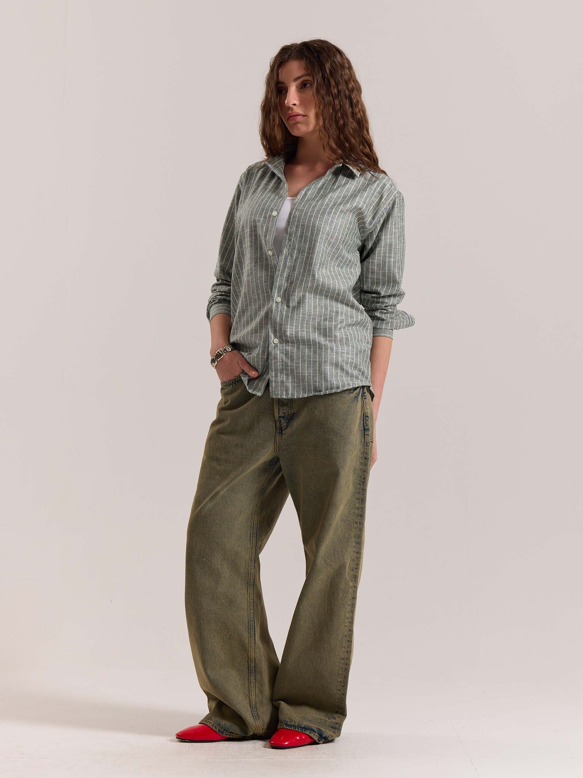 Green Striped Linen-blend Shirt (Pre-Order) - Image 7