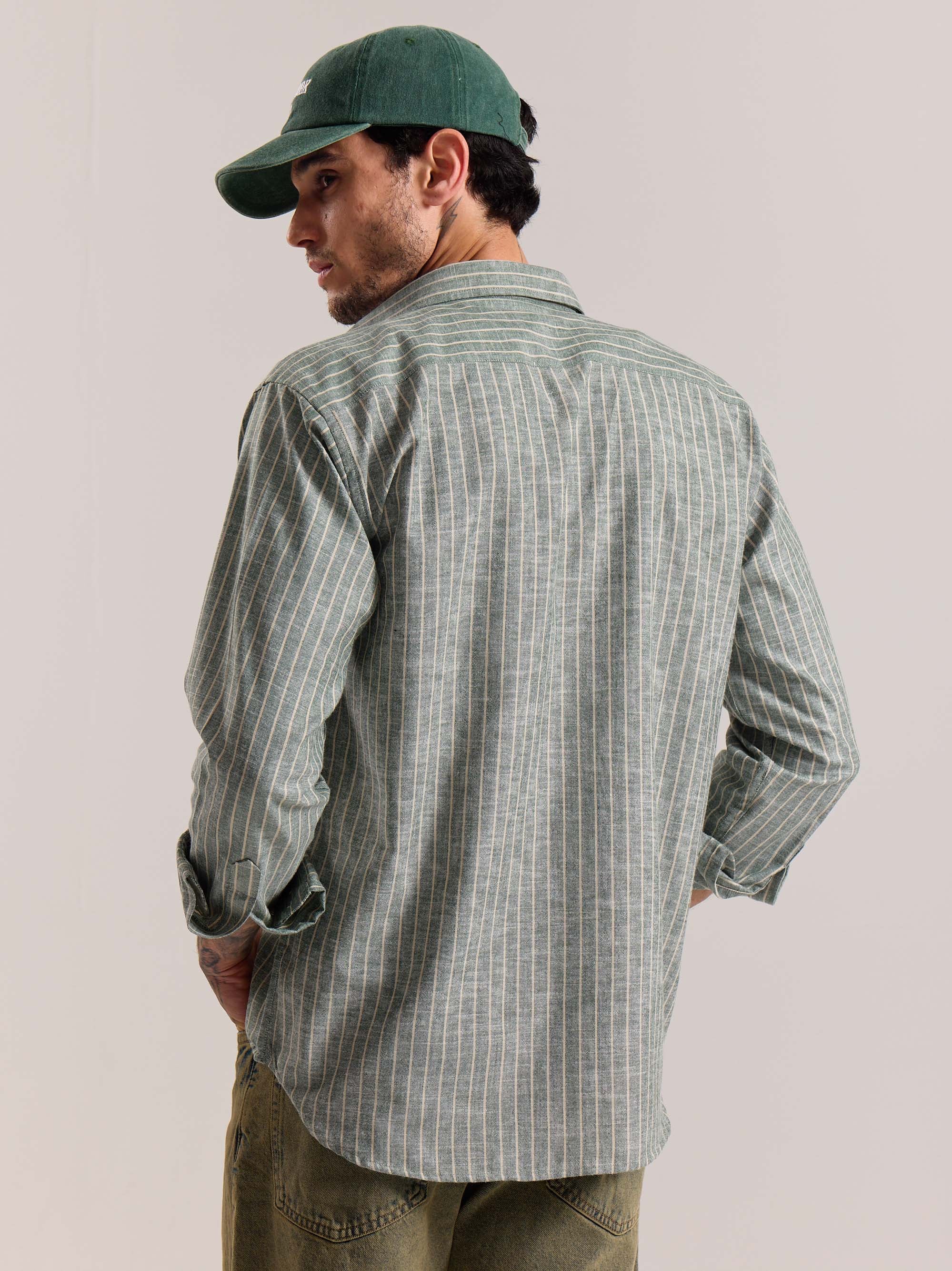 Green Striped Linen-blend Shirt (Pre-Order) - Image 8