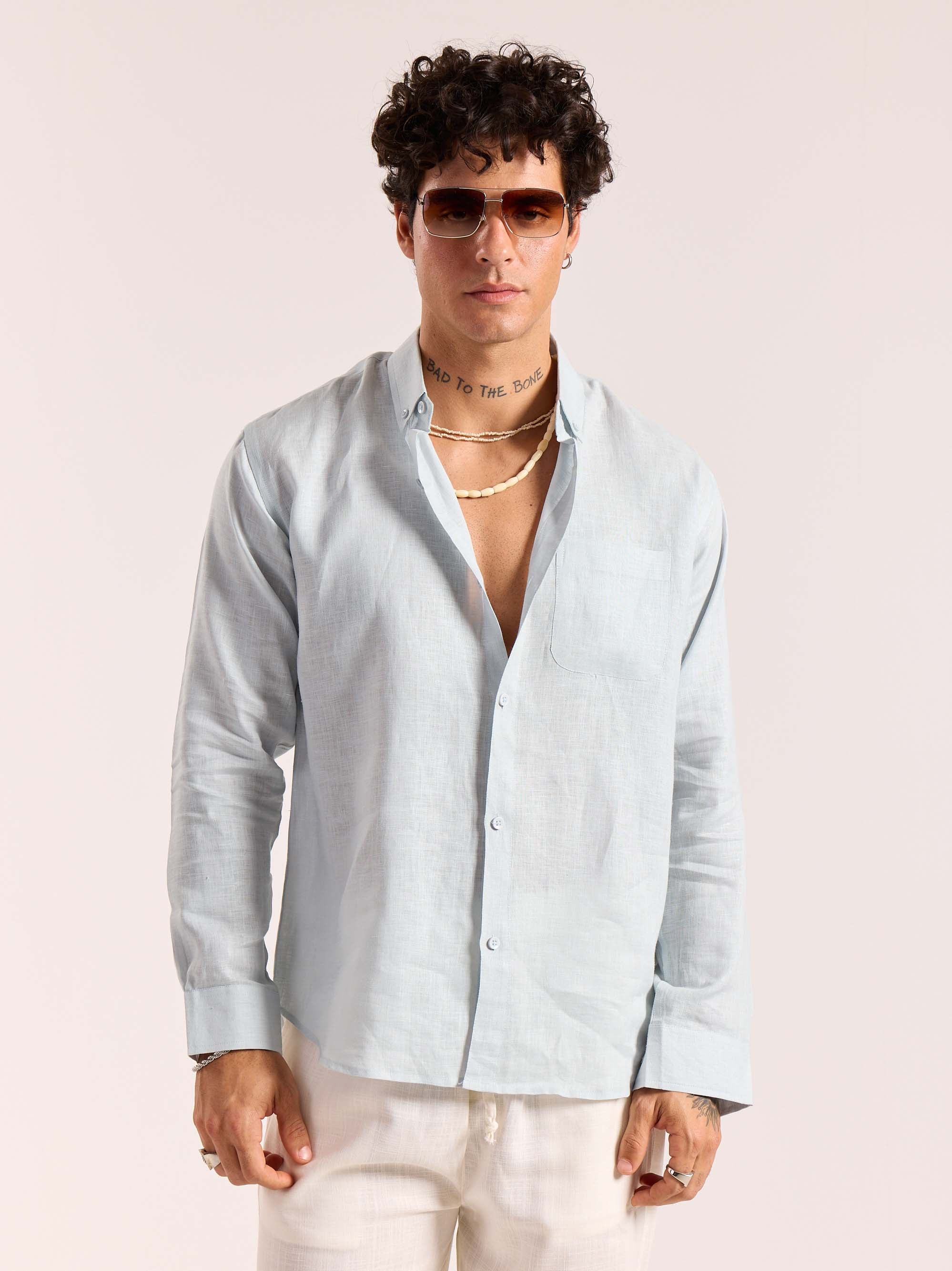Ice Blue 60s Lea Linen Shirt - Image 3