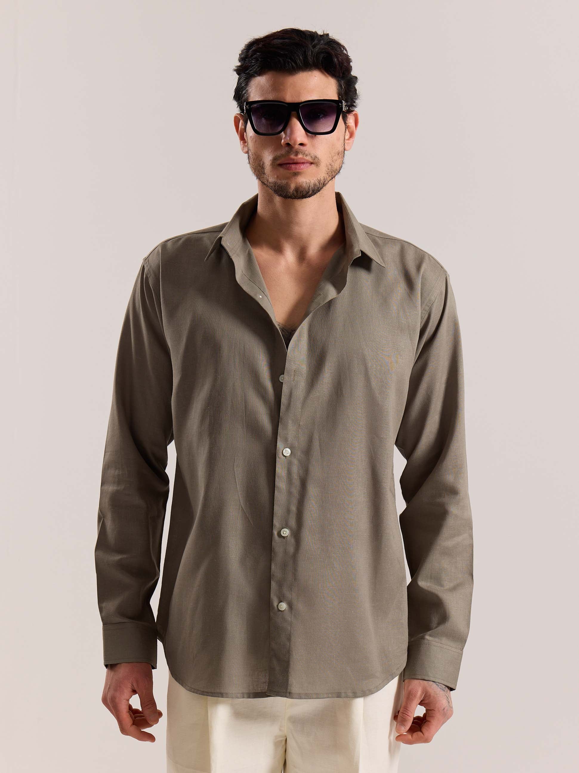Khaki Green Linen-blend Shirt (Pre-Order) - Image 3