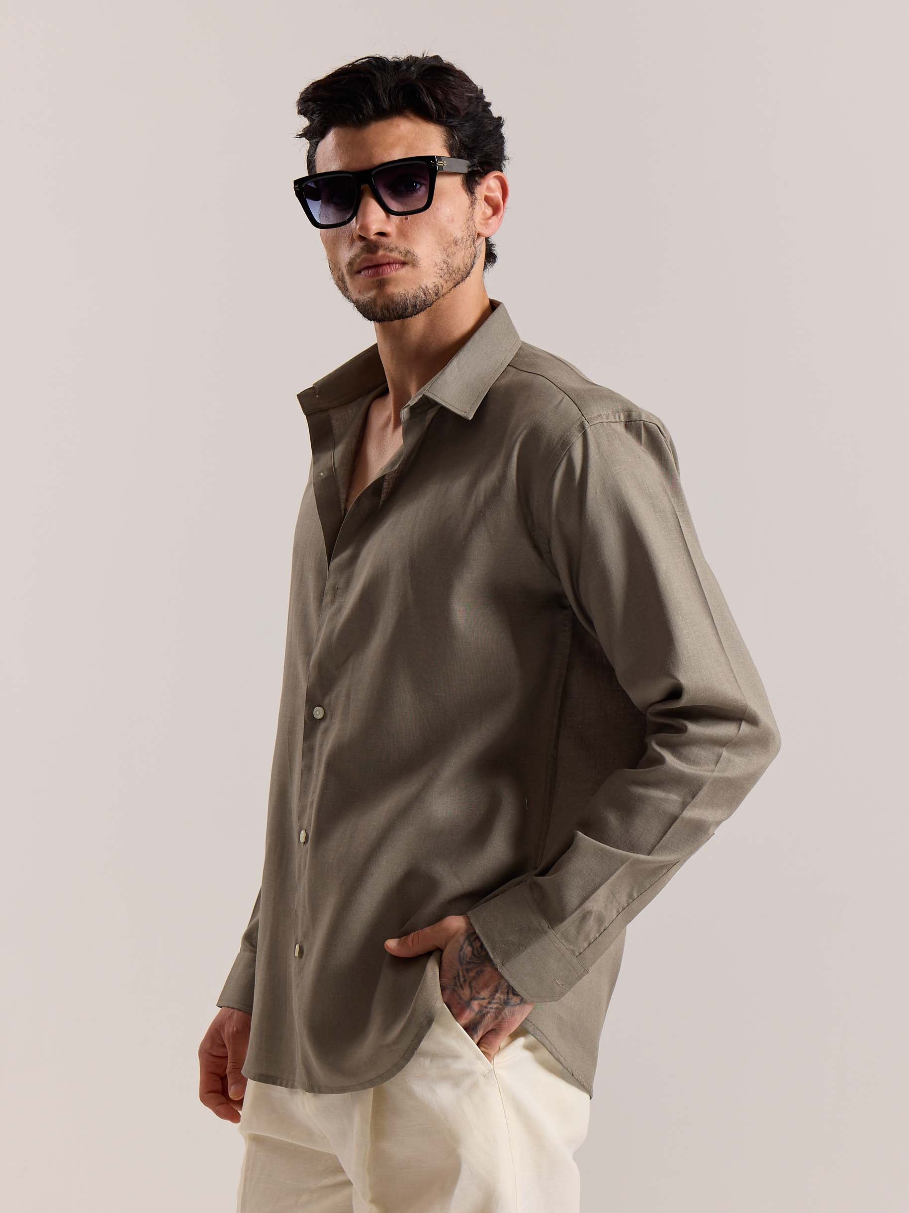 Khaki Green Linen-blend Shirt (Pre-Order) - Image 6
