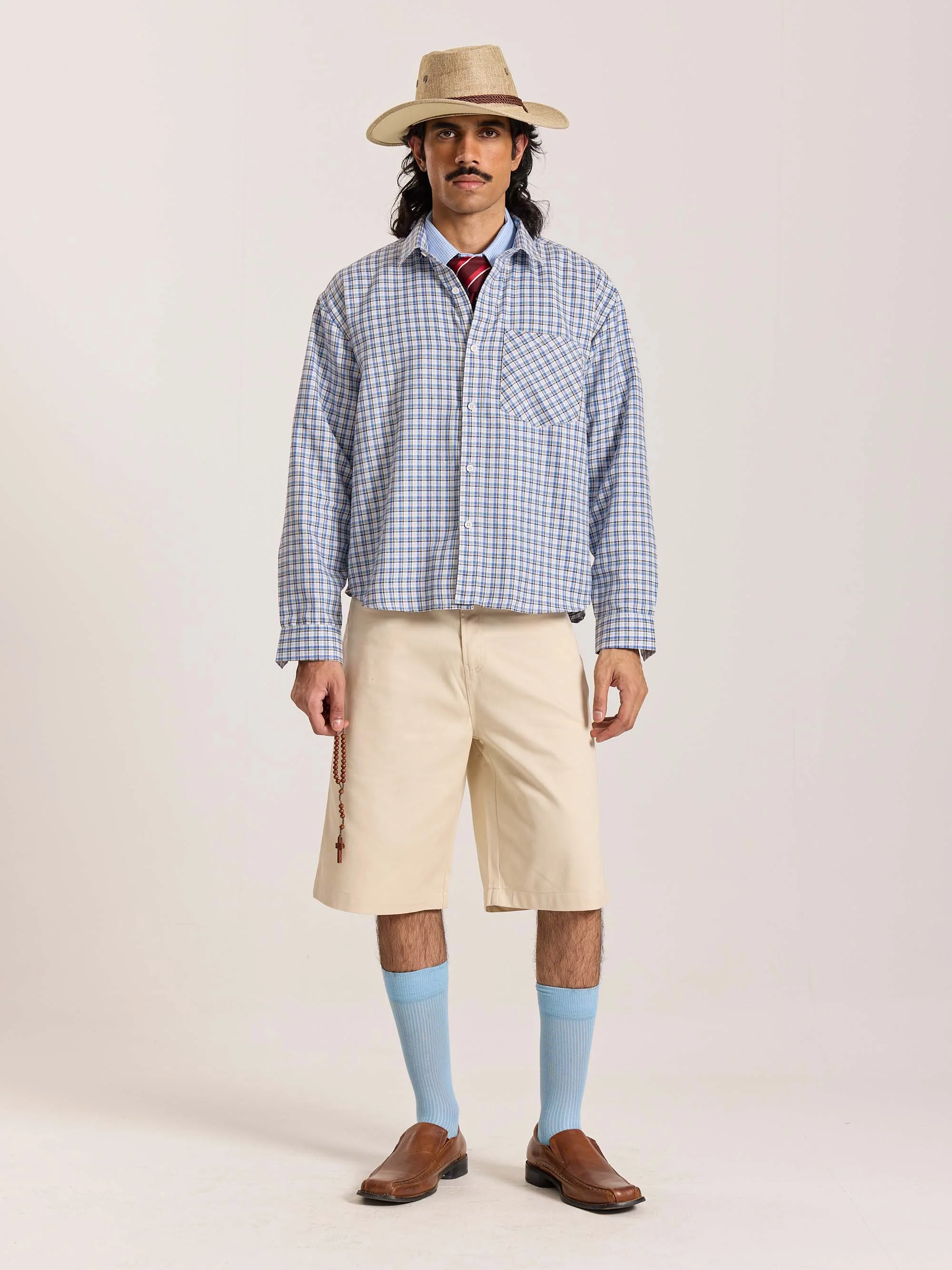Light Blue & White Checkered Oversized Cropped Shirt