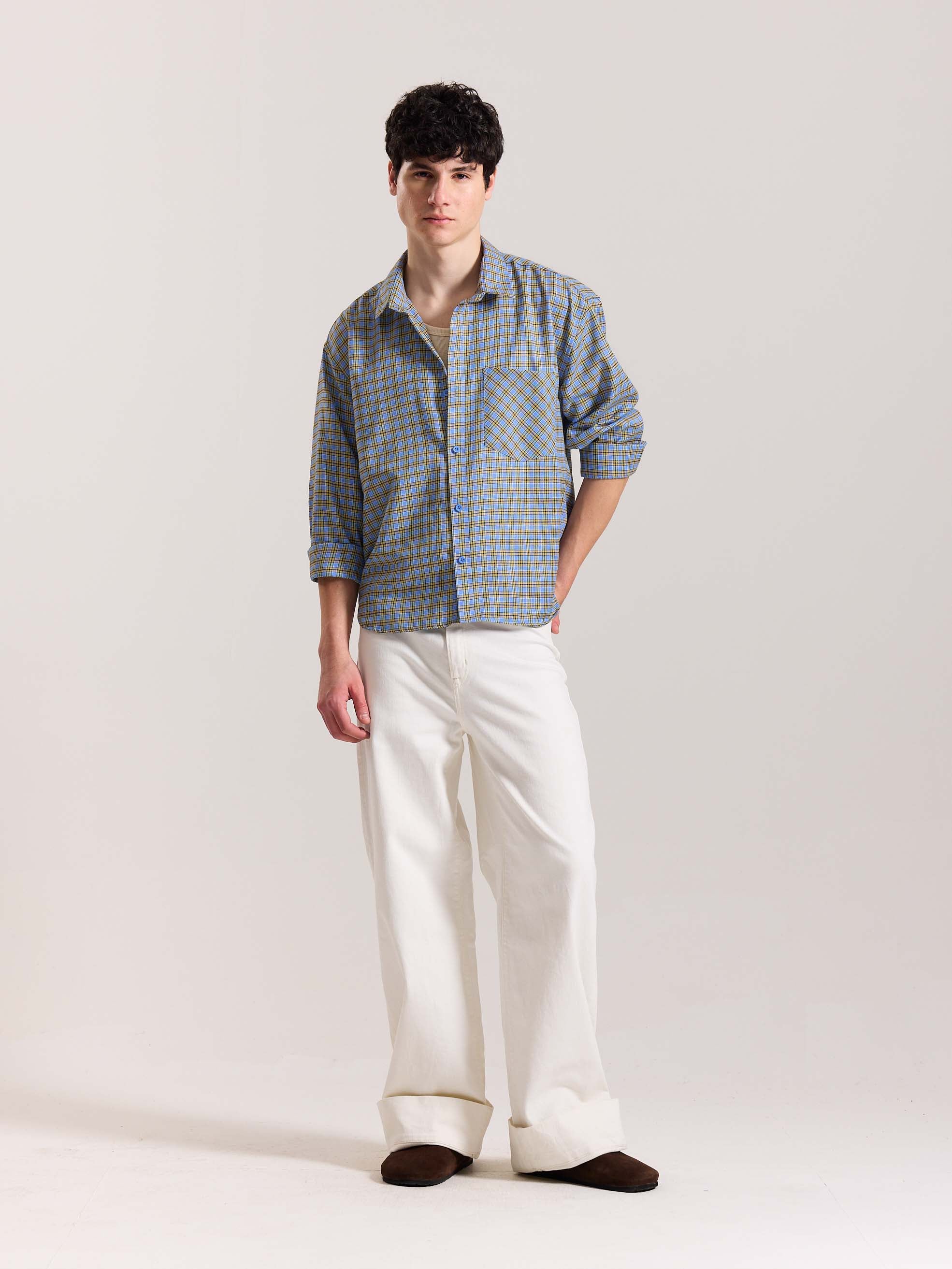 Light Blue Checkered Oversized Cropped Shirt