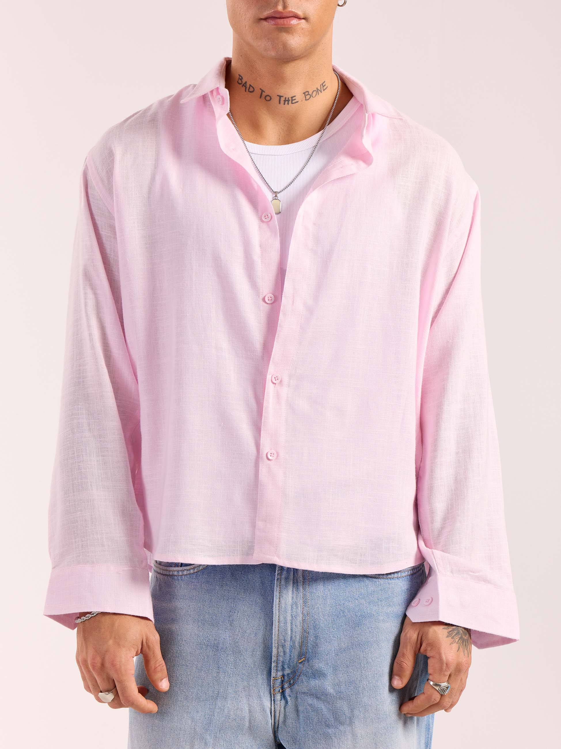 Light Pink Linen Cropped Shirt - Image 3