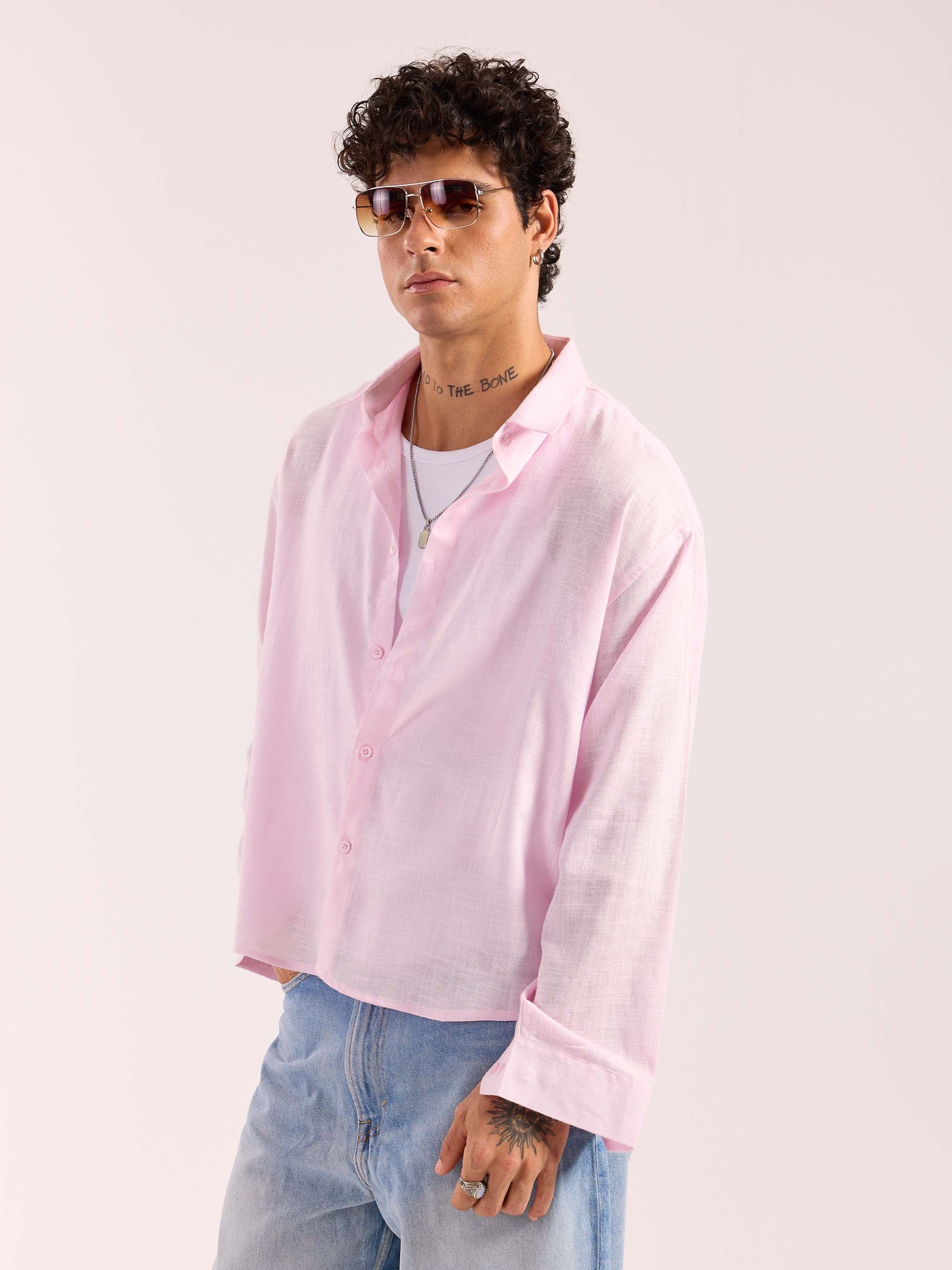 Light Pink Linen Cropped Shirt - Image 4