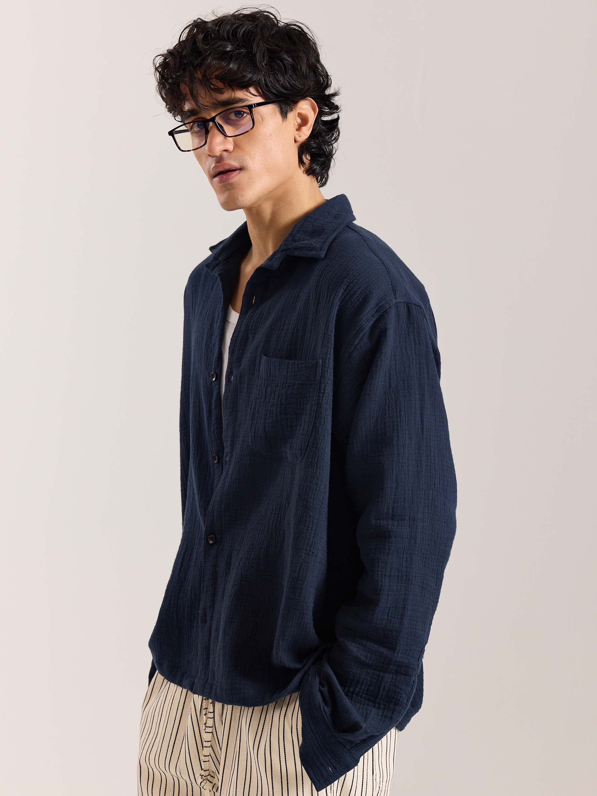 Navy Blue Gauze Holiday Shirt - Image 4