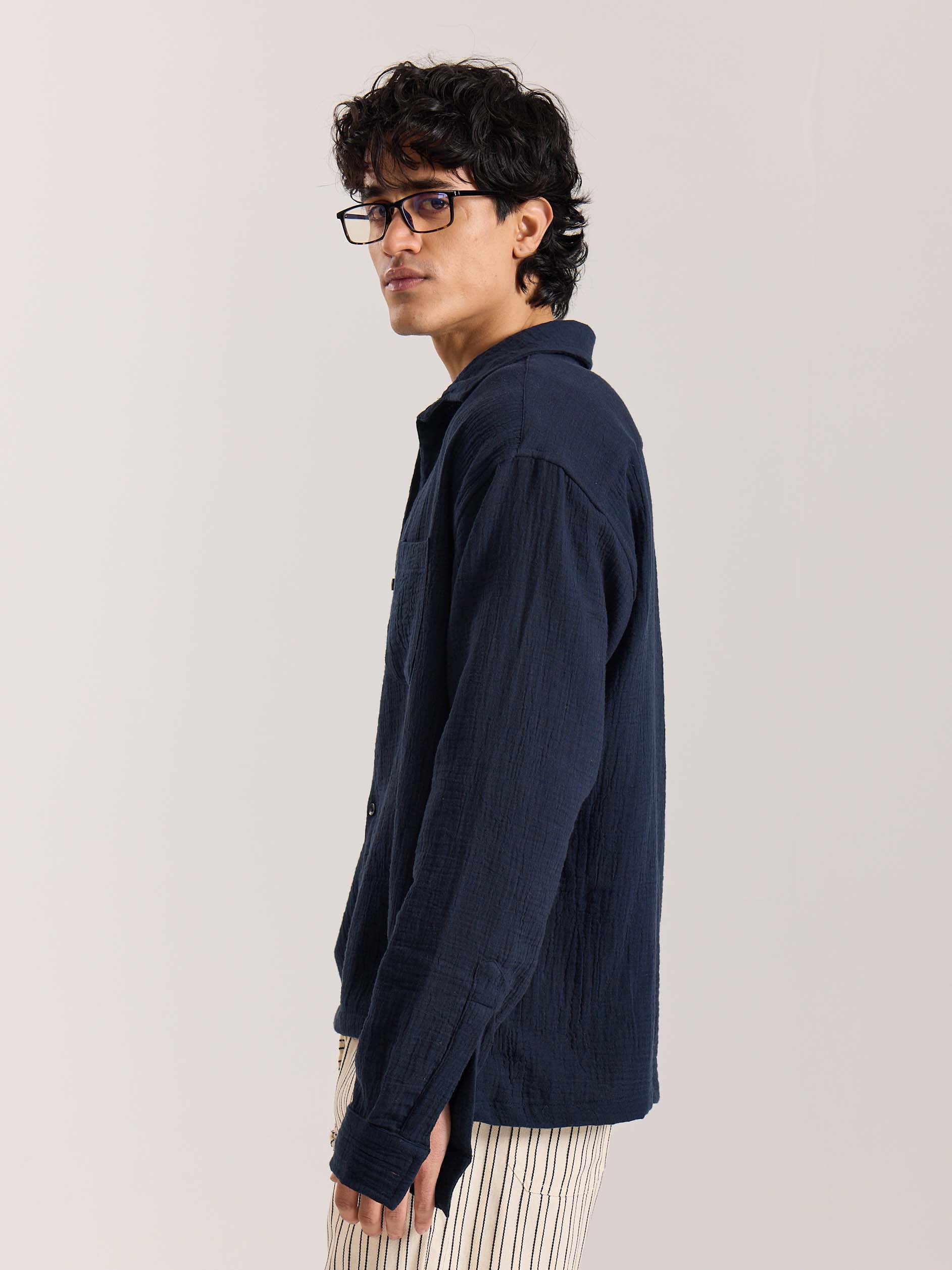 Navy Blue Gauze Holiday Shirt - Image 5