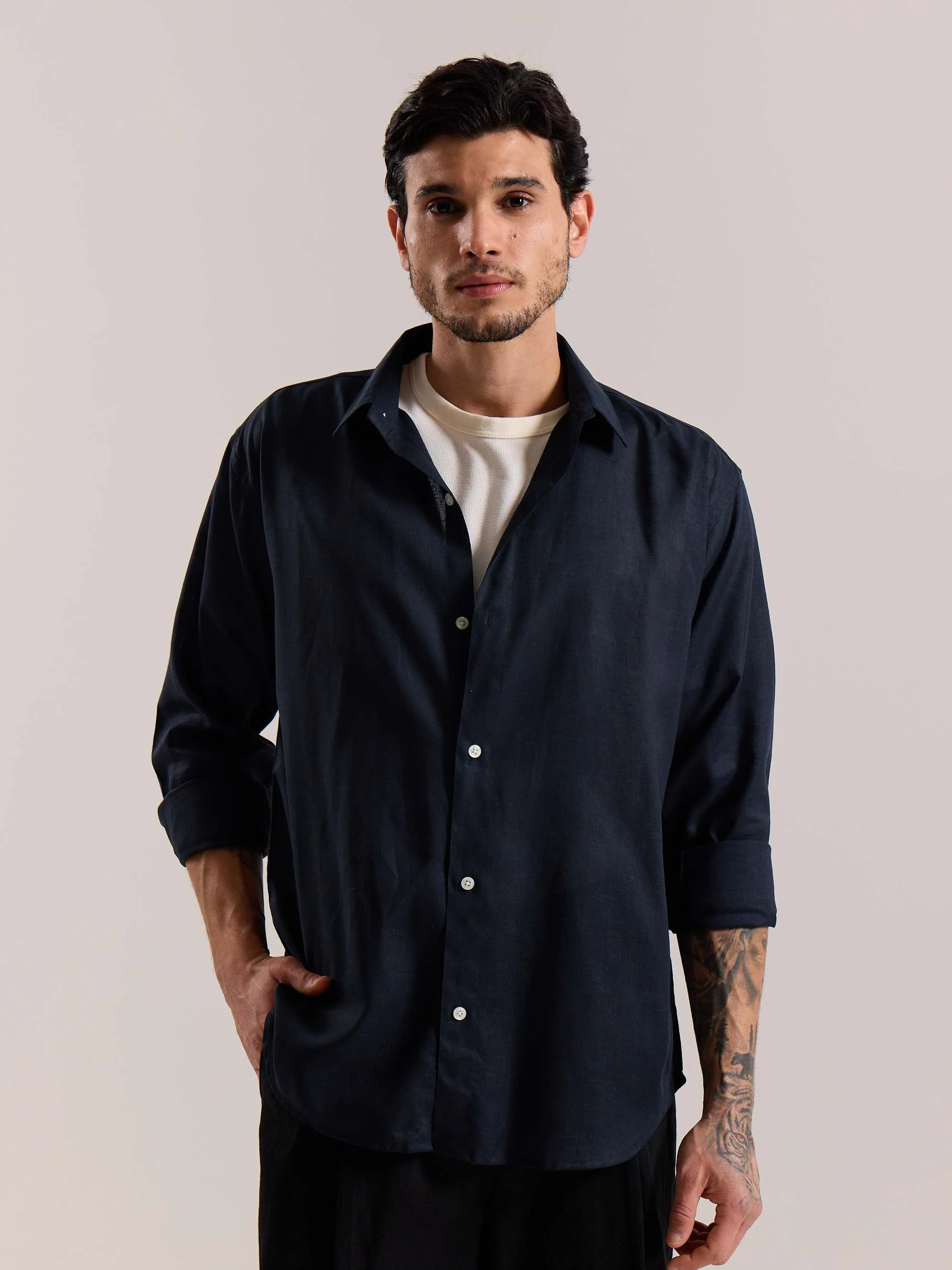Navy Blue Linen-blend Shirt (Pre-Order) - Image 3
