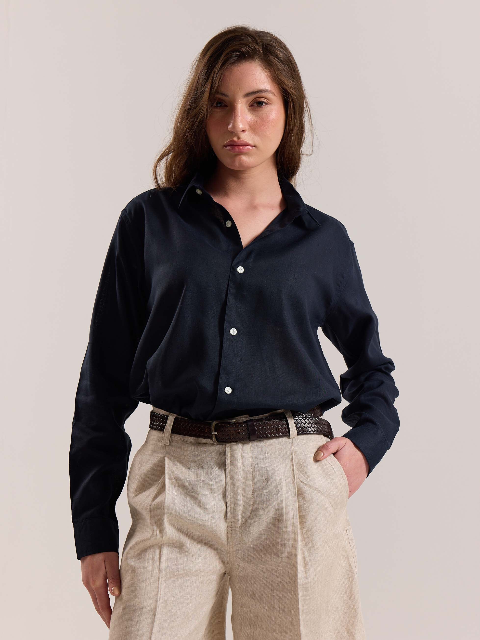 Navy Blue Linen-blend Shirt (Pre-Order) - Image 4