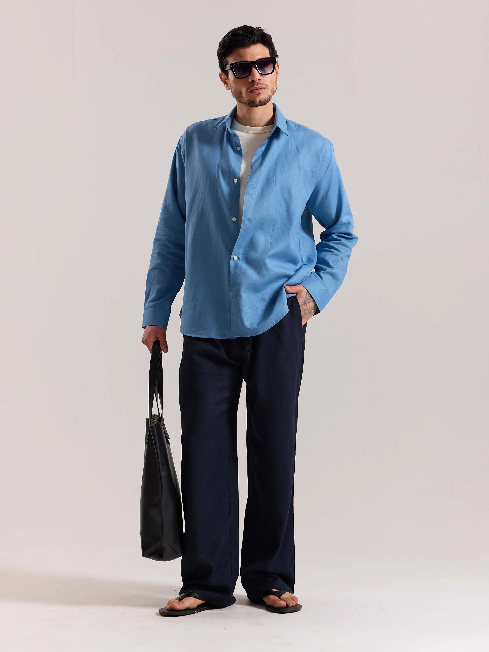 Navy Blue Linen Pull-on Pants