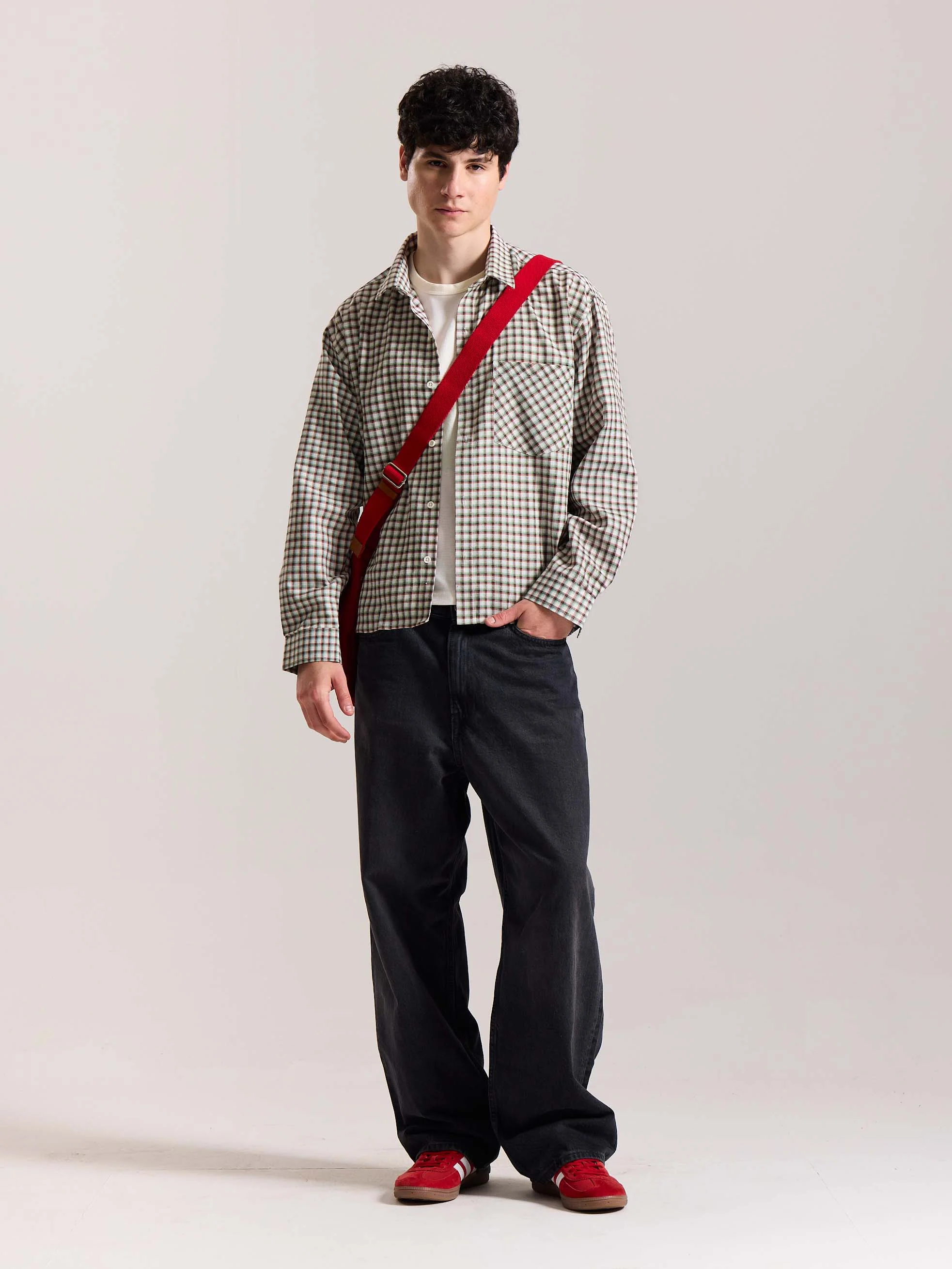 Off White Checkered Oversized Cropped Shirt