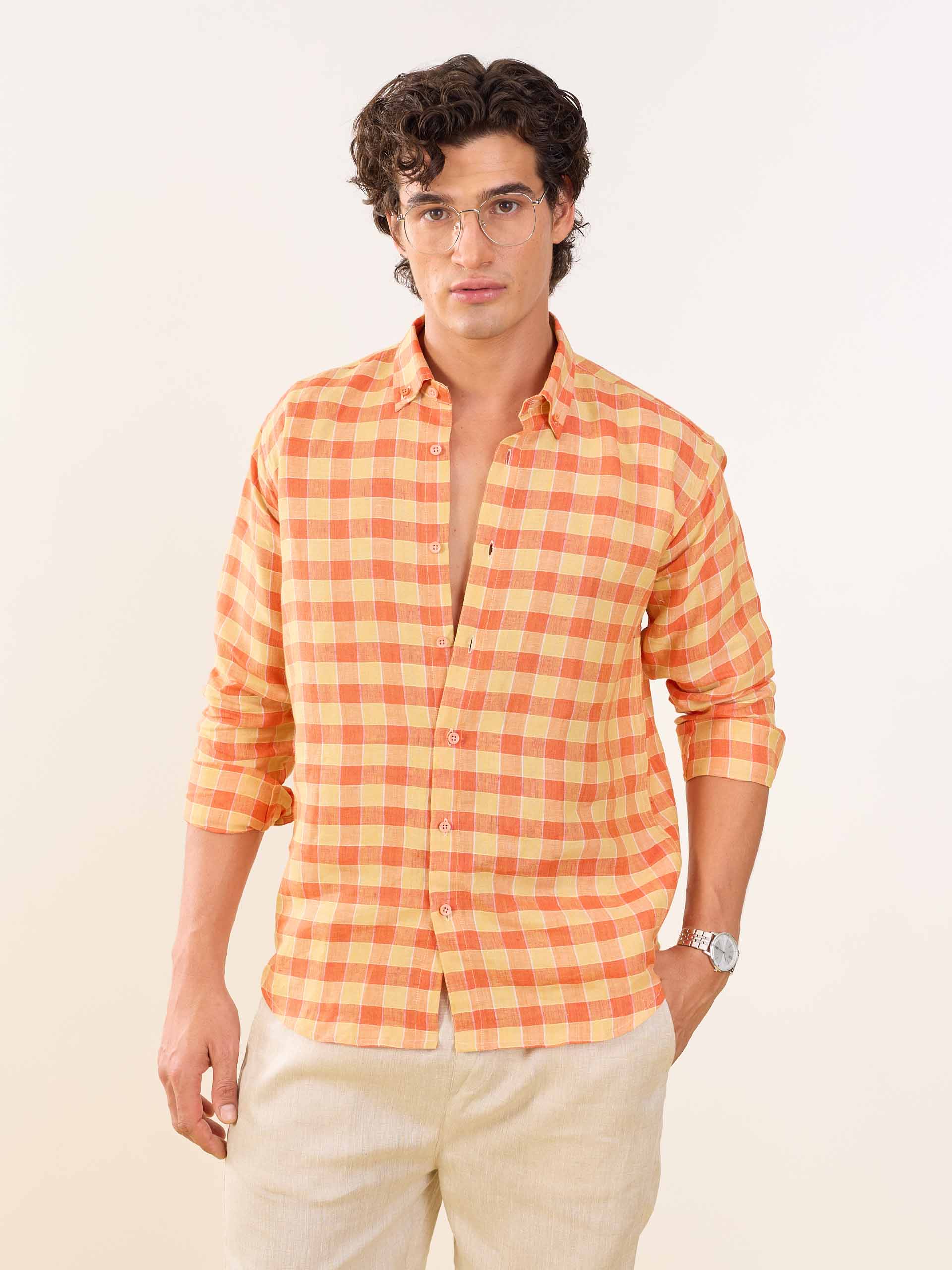 Orange & Yellow Checked Irish Linen Shirt