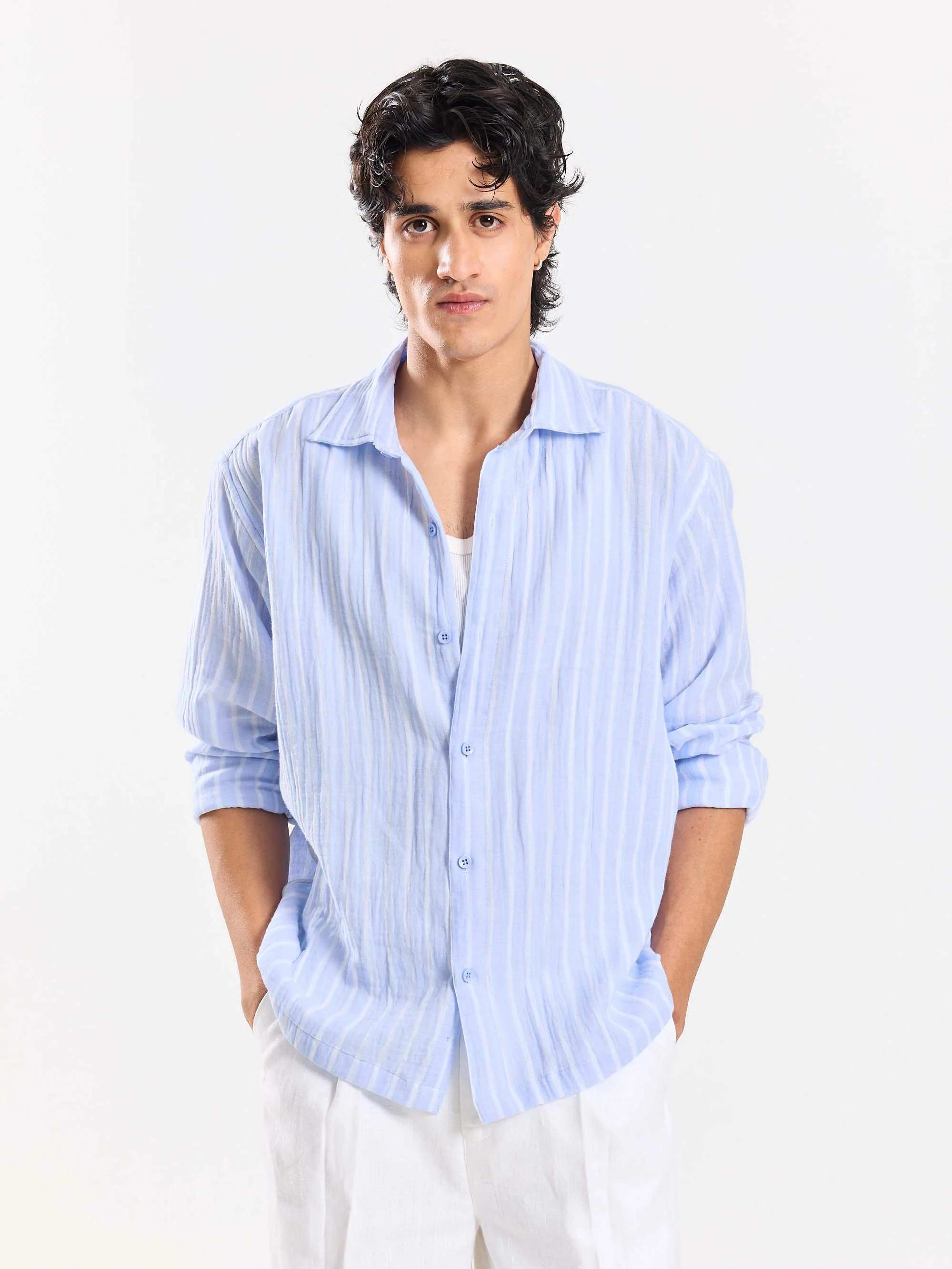 Powder Blue Striped Gauze Holiday Shirt - Image 2