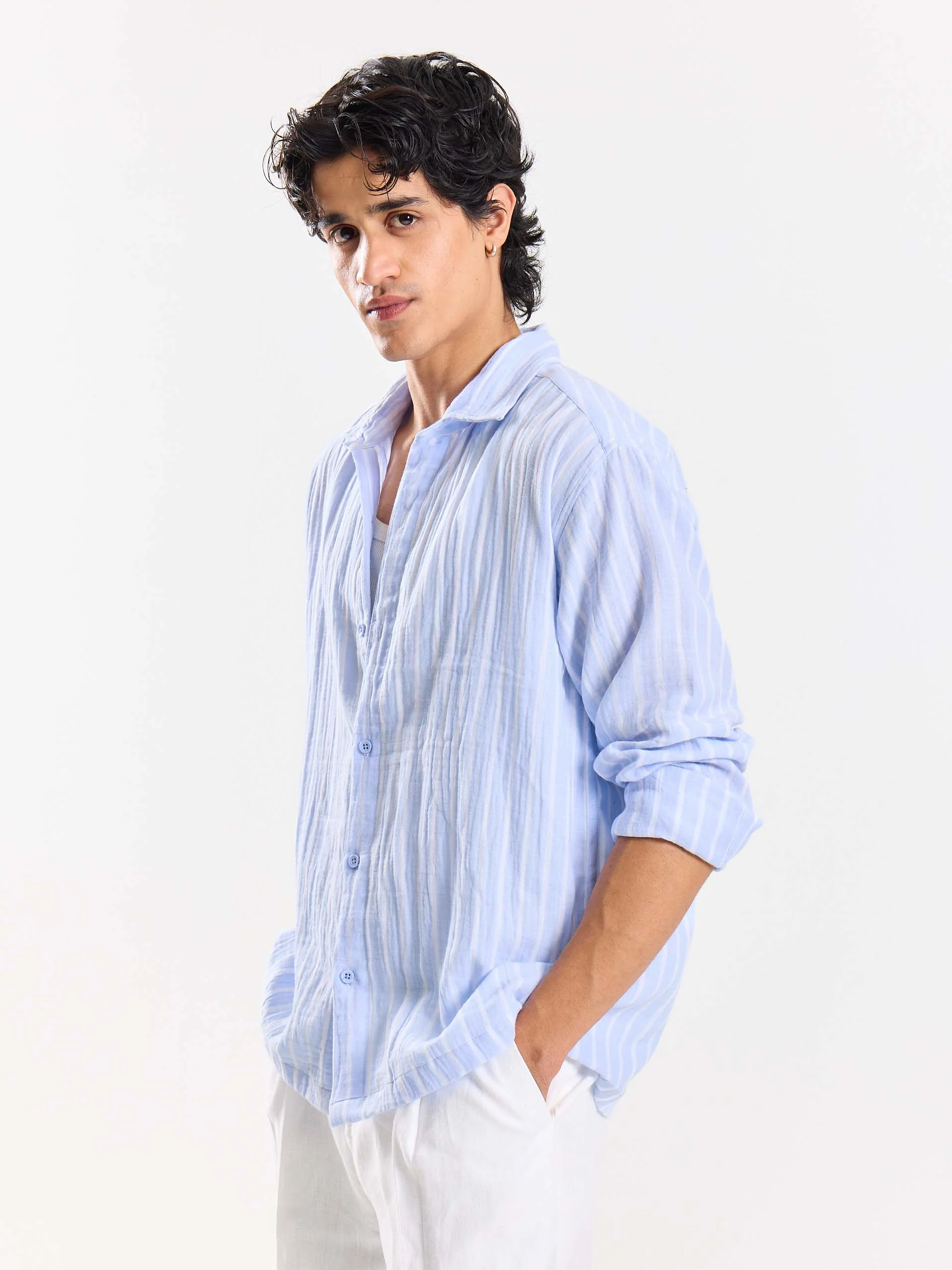 Powder Blue Striped Gauze Holiday Shirt - Image 4