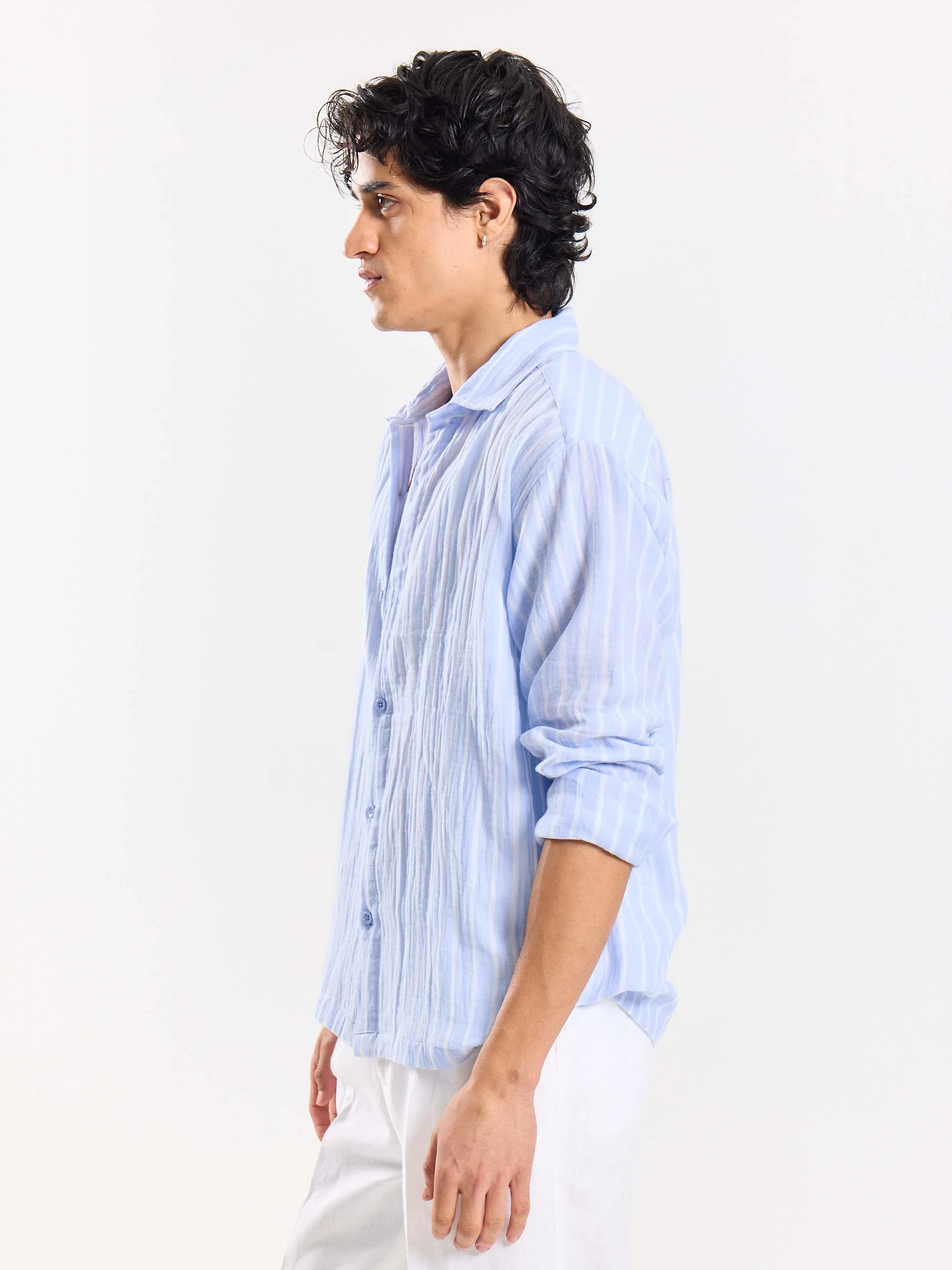 Powder Blue Striped Gauze Holiday Shirt - Image 5