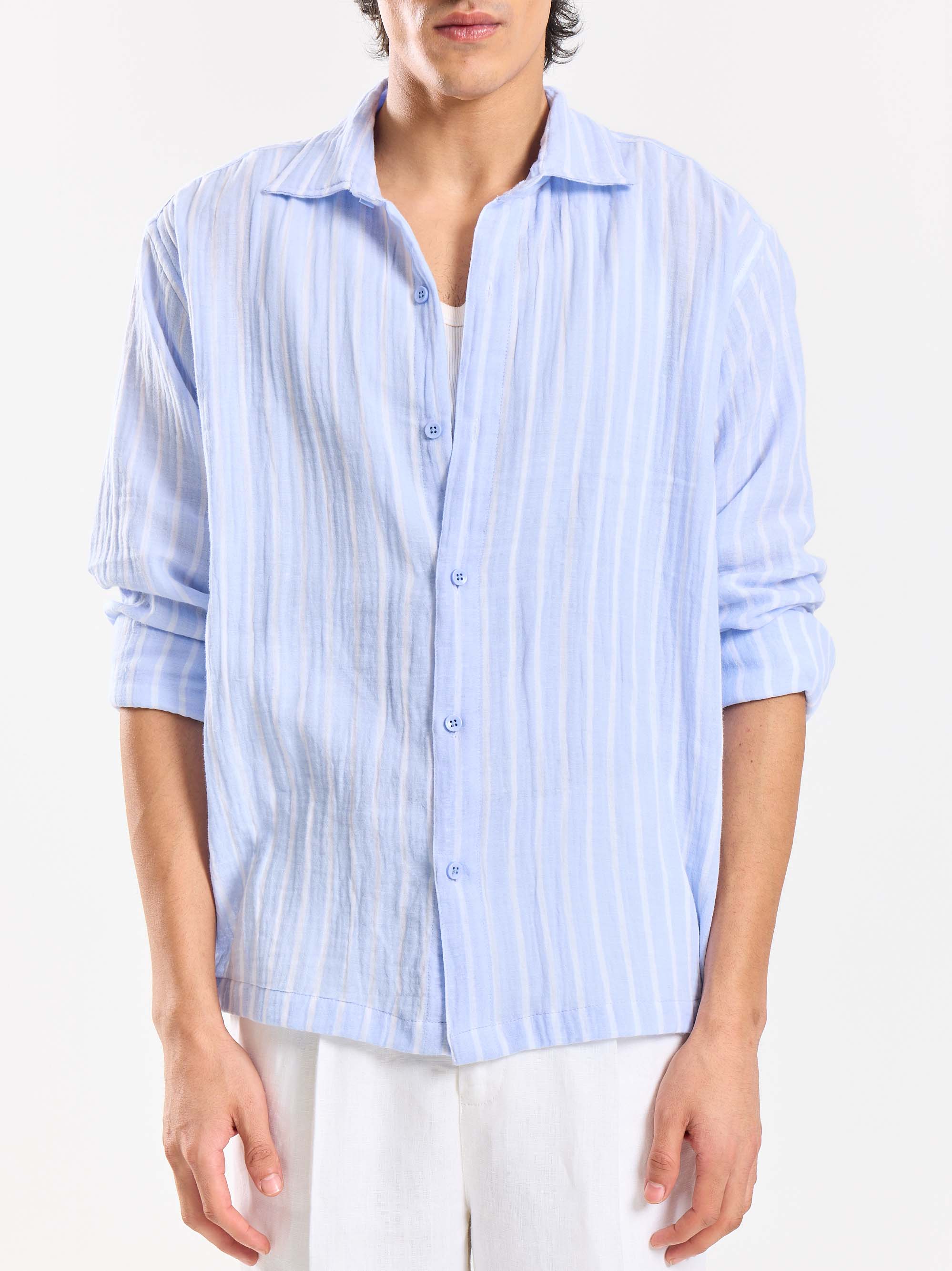 Powder Blue Striped Gauze Holiday Shirt - Image 6