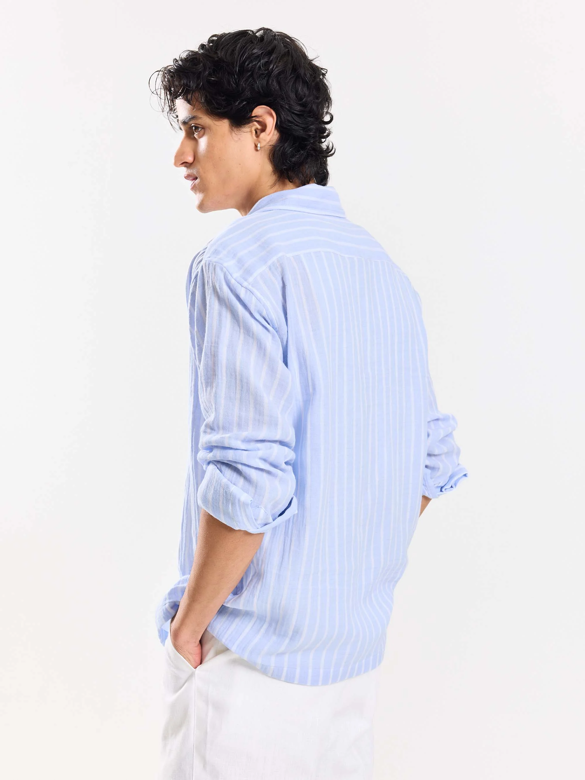 Powder Blue Striped Gauze Holiday Shirt - Image 7