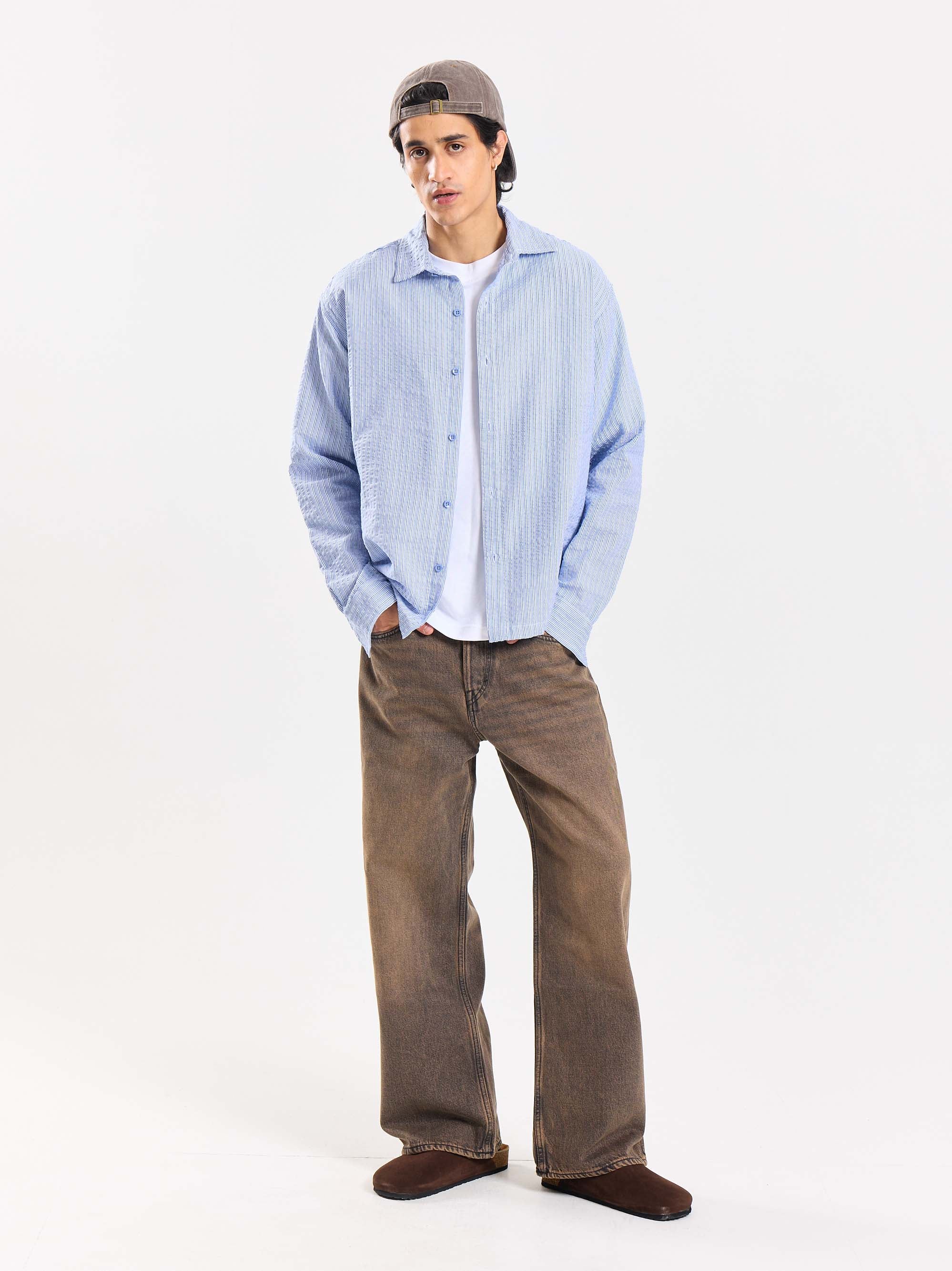 Powder Blue Striped Seersucker Shirt