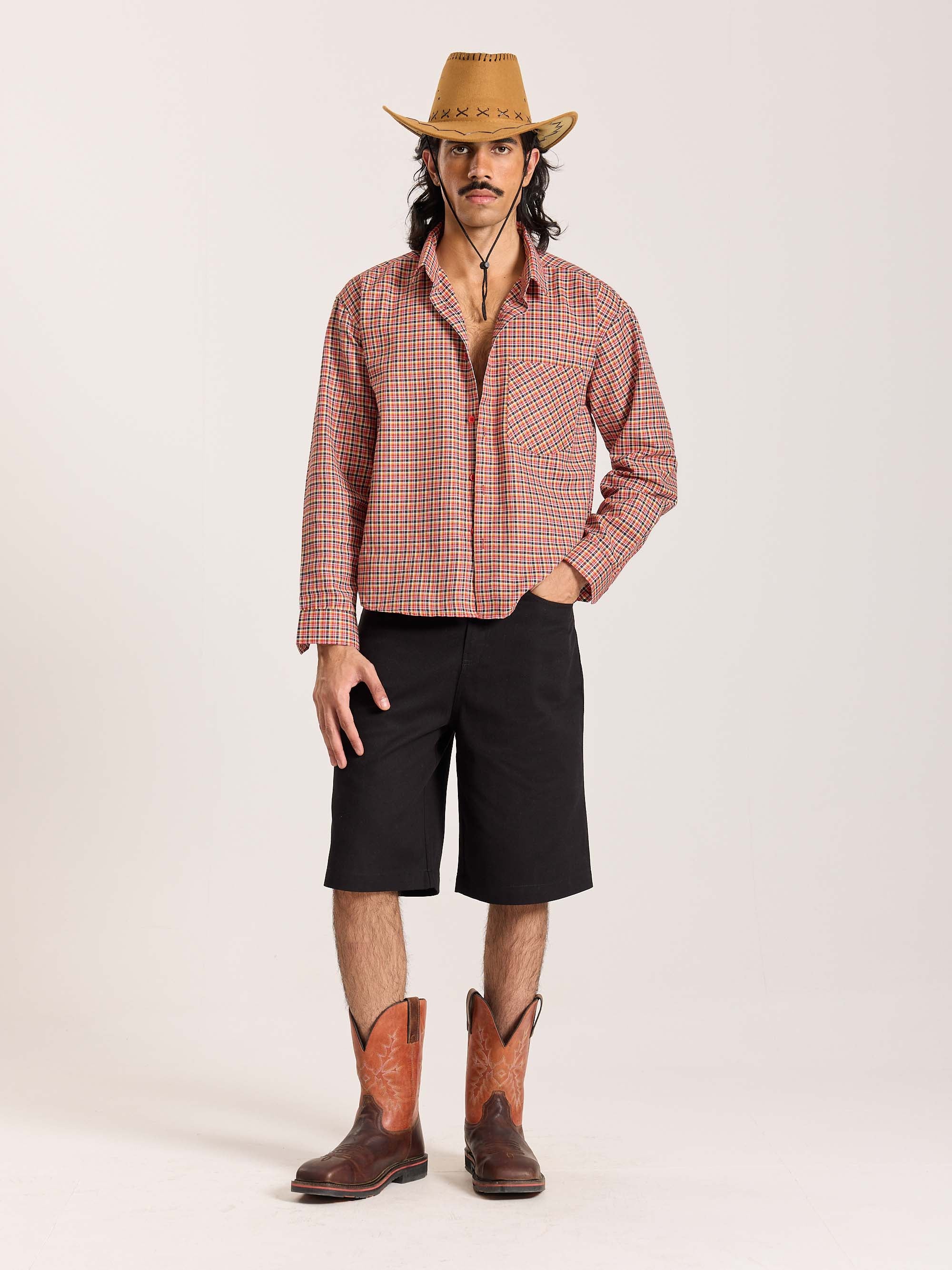 Red & Black Checkered Oversized Cropped Shirt