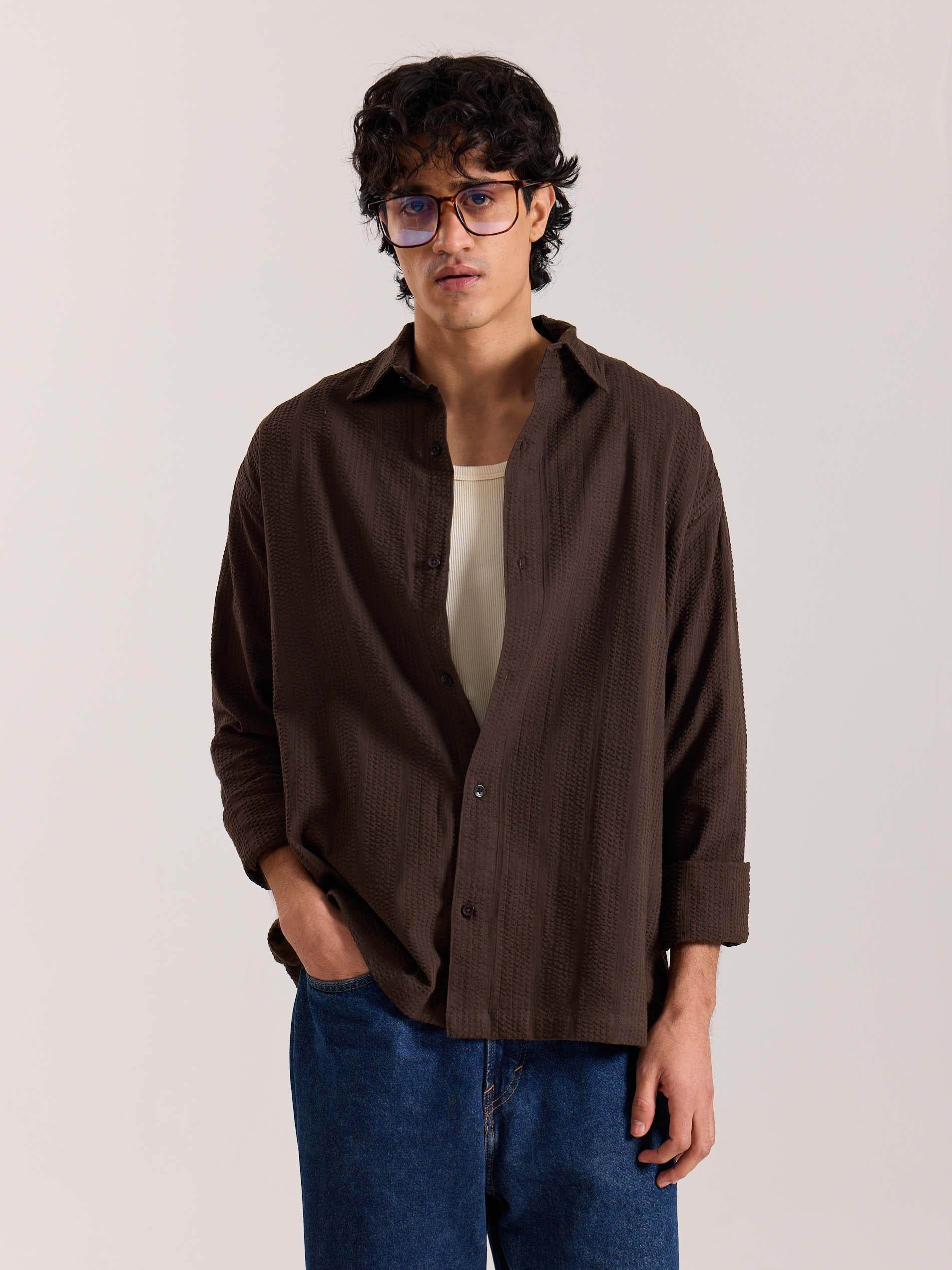 Relaxed Fit Dark Brown Textured Shirt - Image 2
