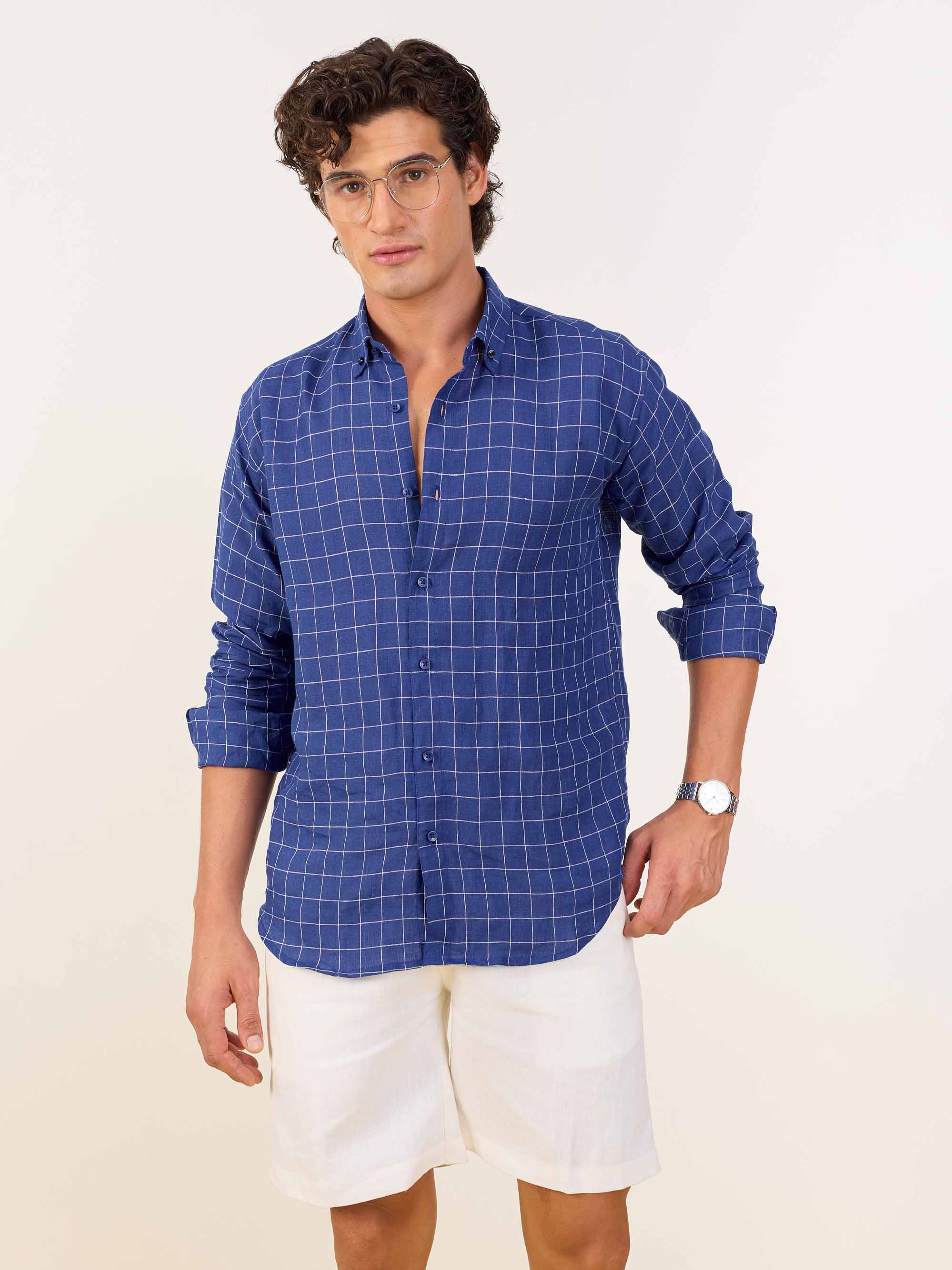 Royal Blue Checked Irish Linen Shirt