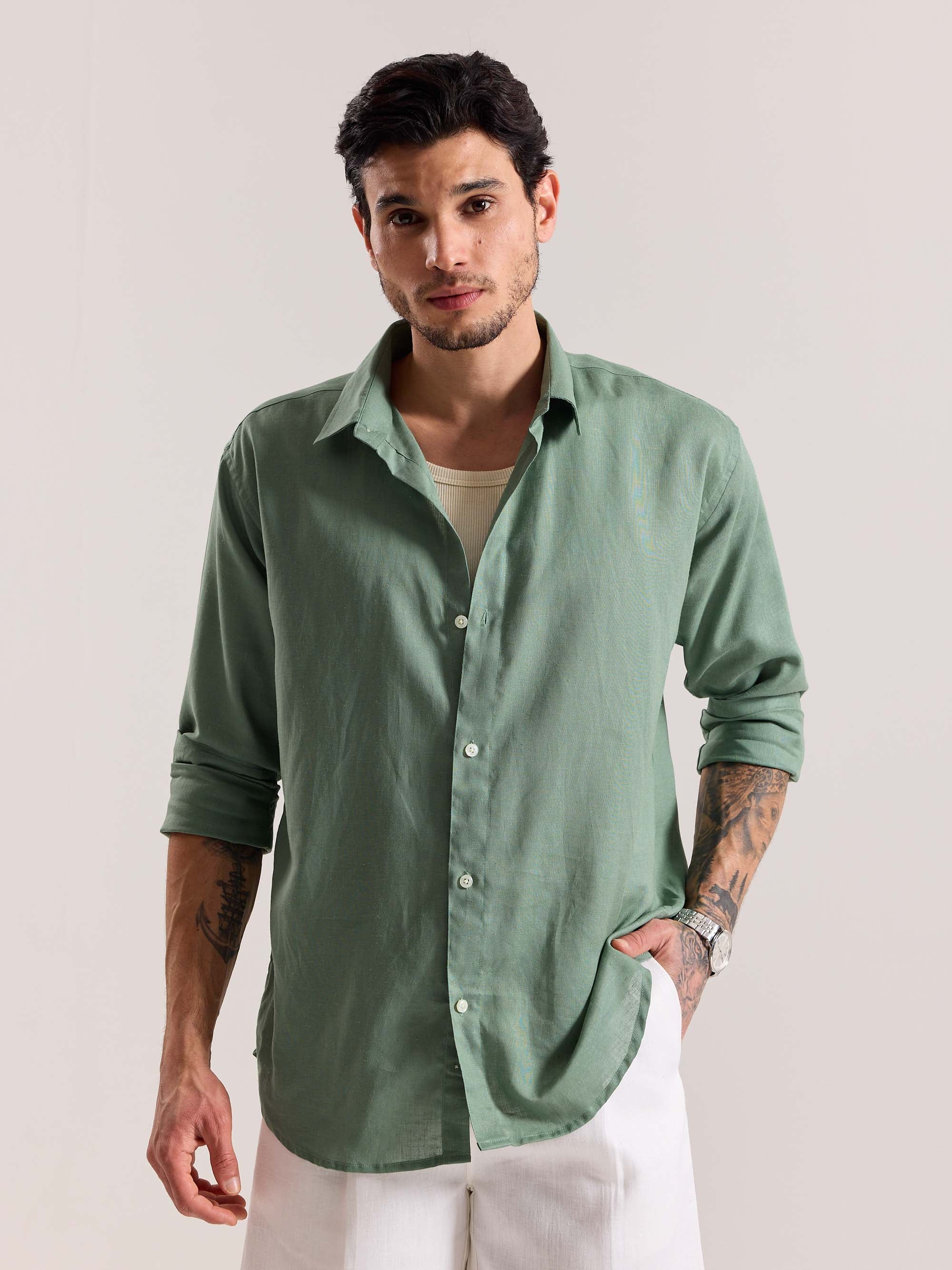 Sage Green Linen-blend Shirt (Pre-Order) - Image 3