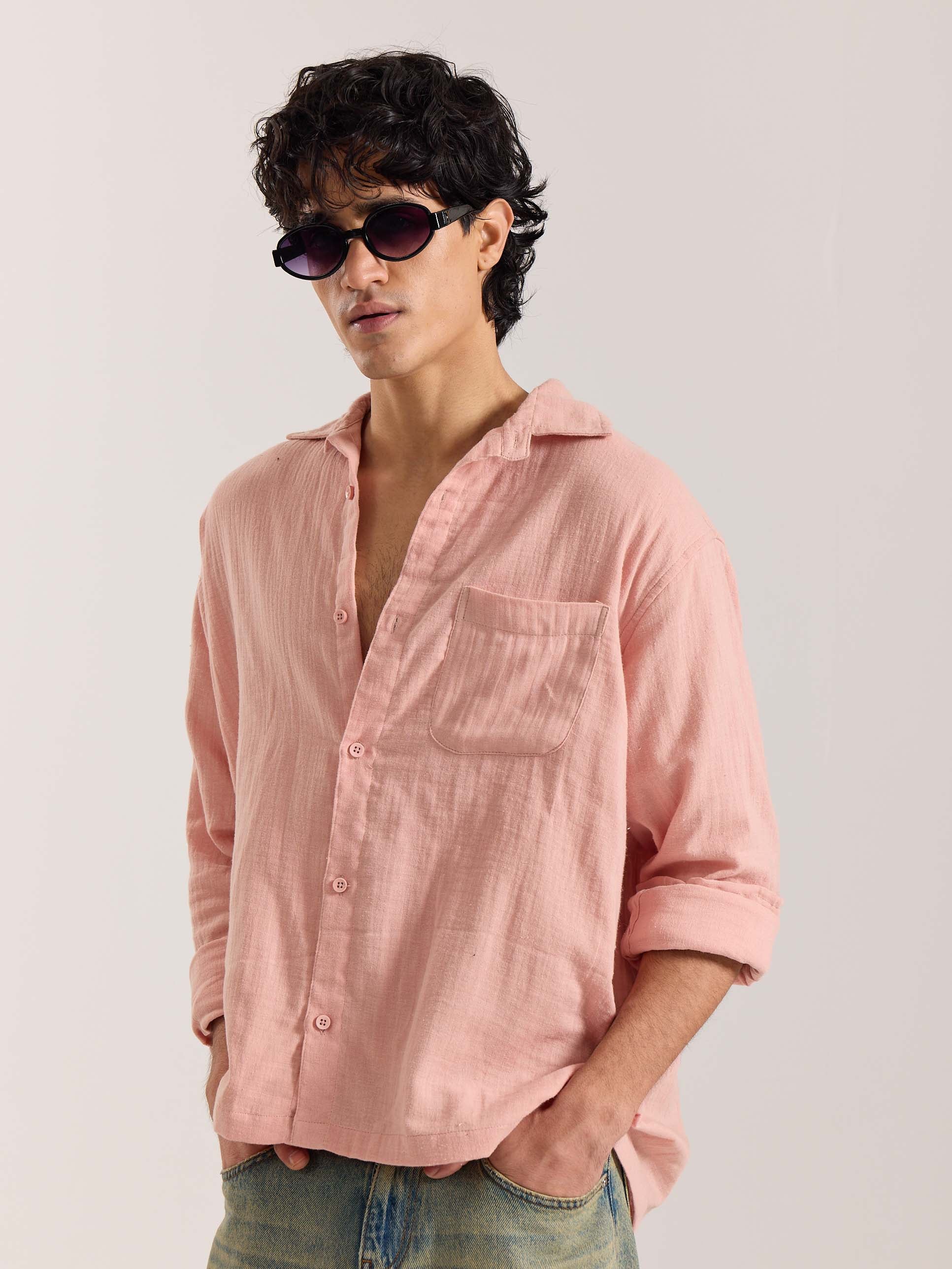 Salmon Pink Gauze Holiday Shirt - Image 5