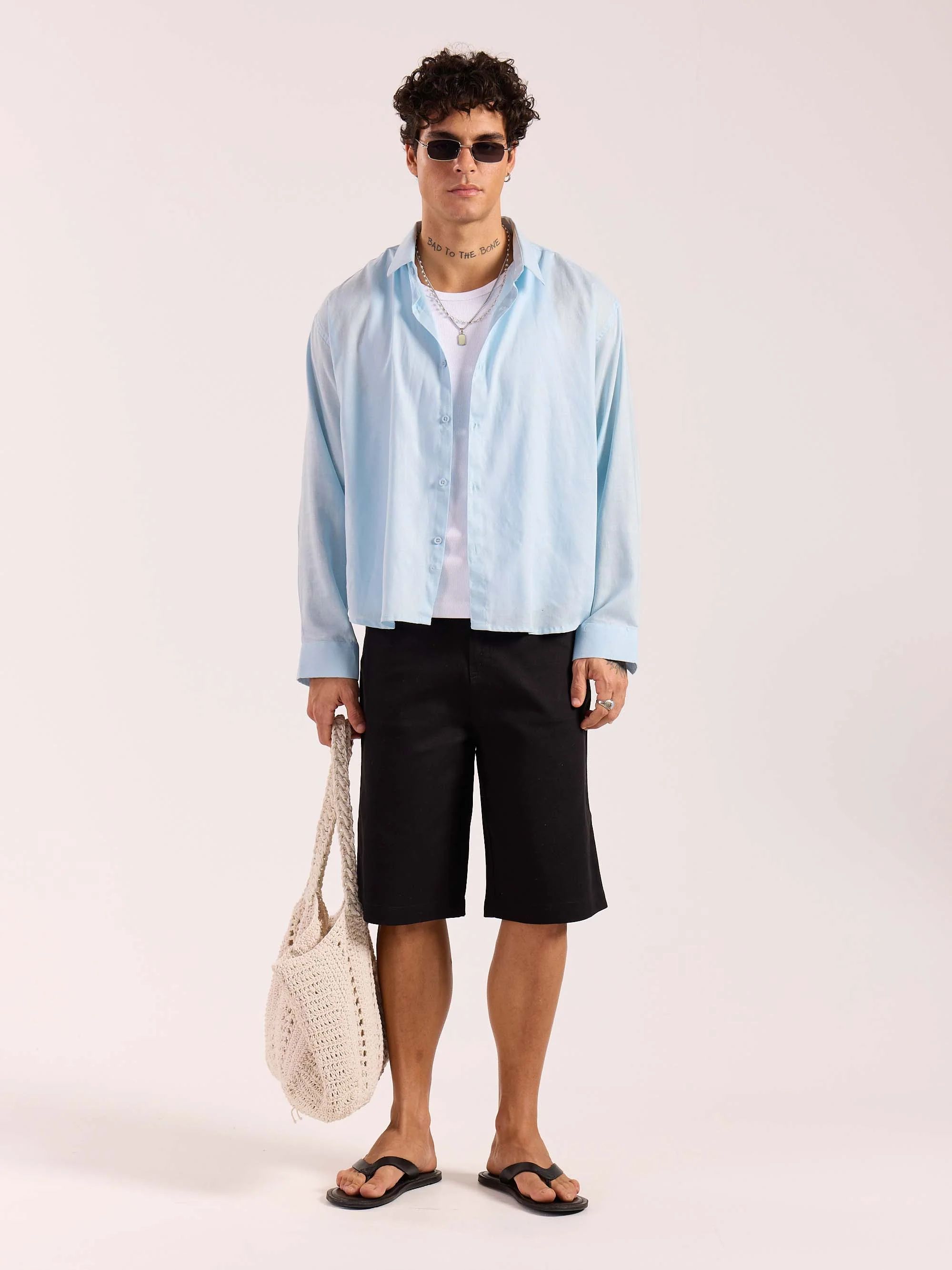 Sky Blue Linen Cropped Shirt