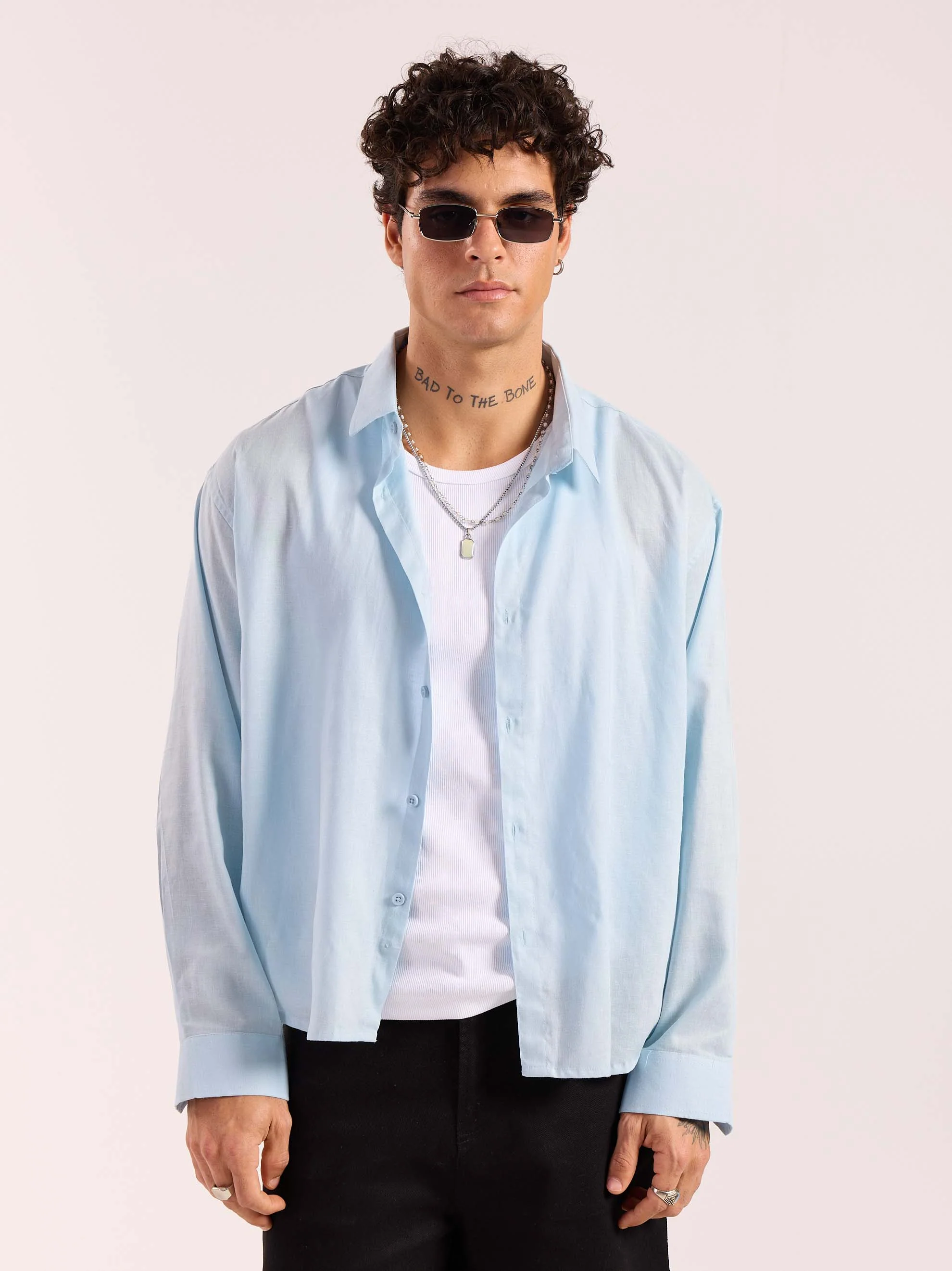 Sky Blue Linen Cropped Shirt - Image 2