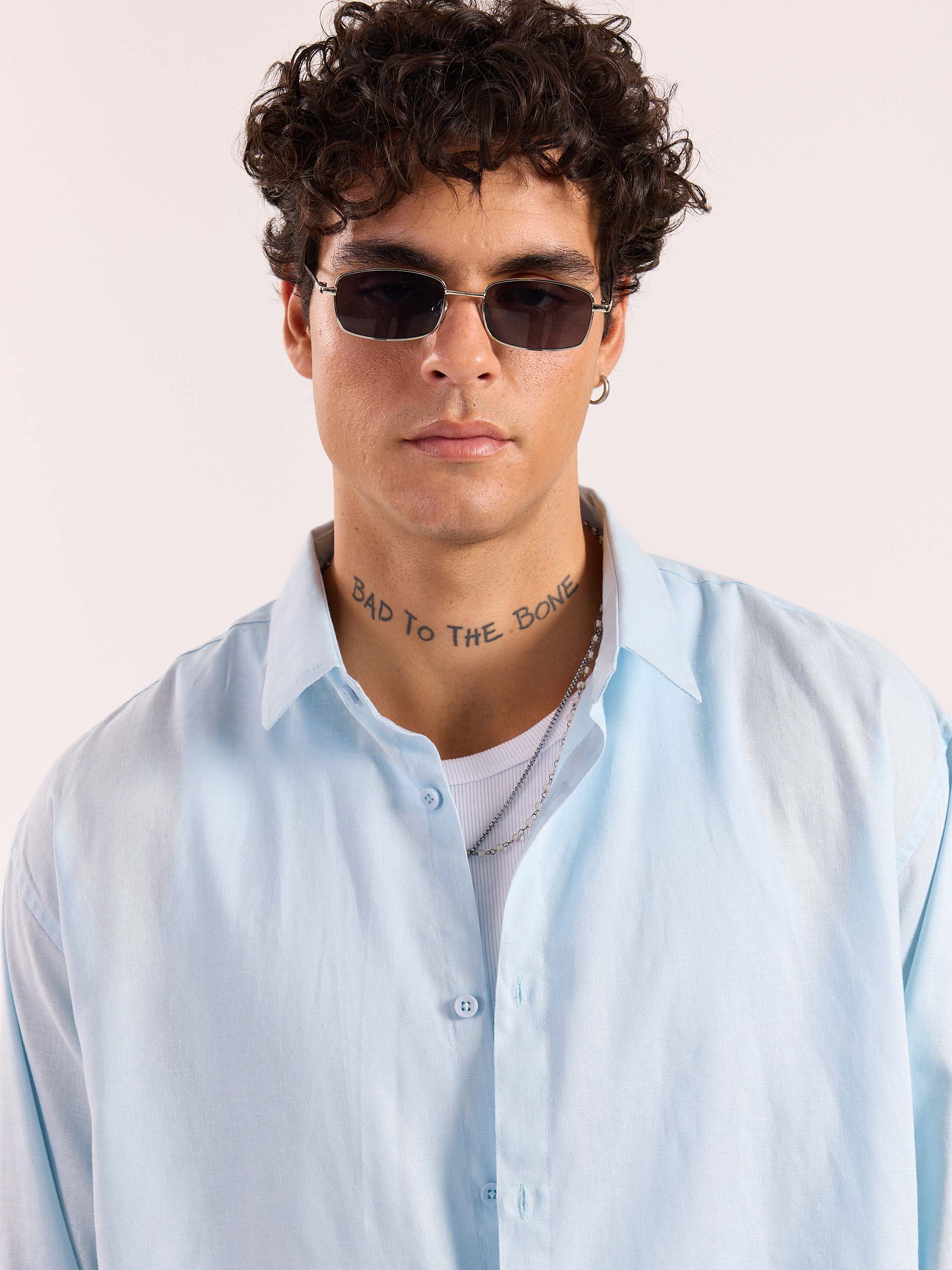 Sky Blue Linen Cropped Shirt - Image 3