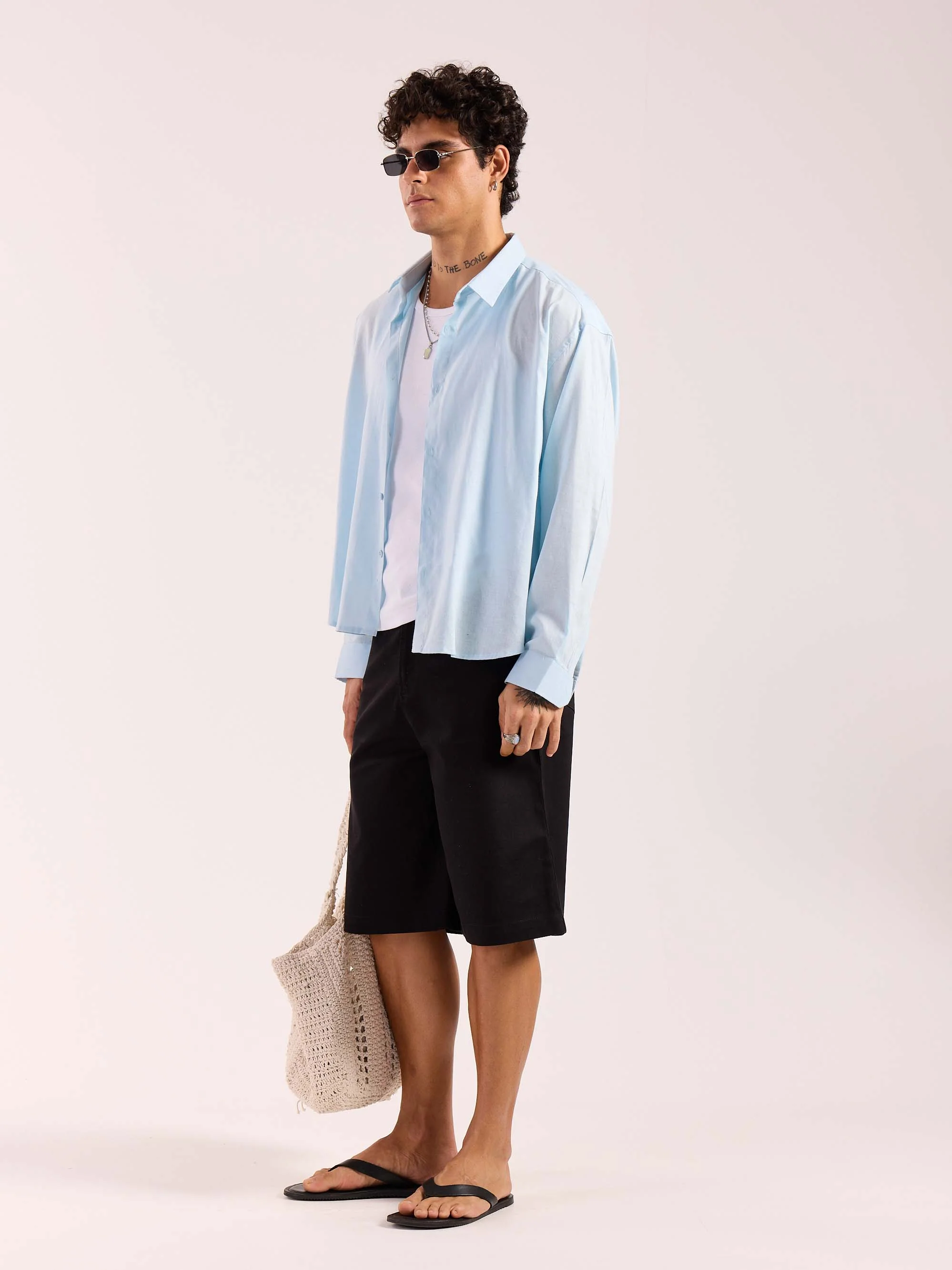 Sky Blue Linen Cropped Shirt - Image 4