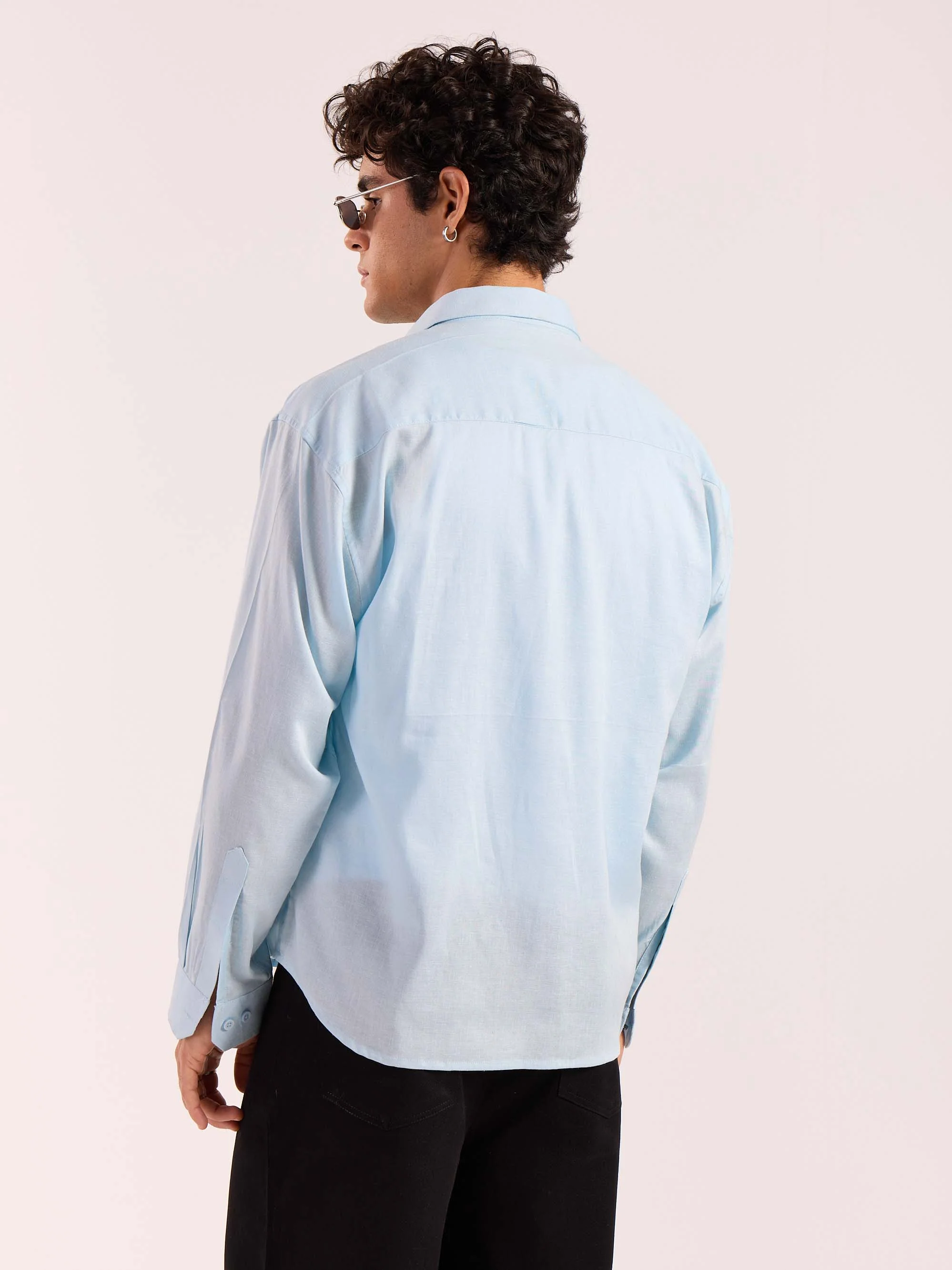 Sky Blue Linen Cropped Shirt - Image 6
