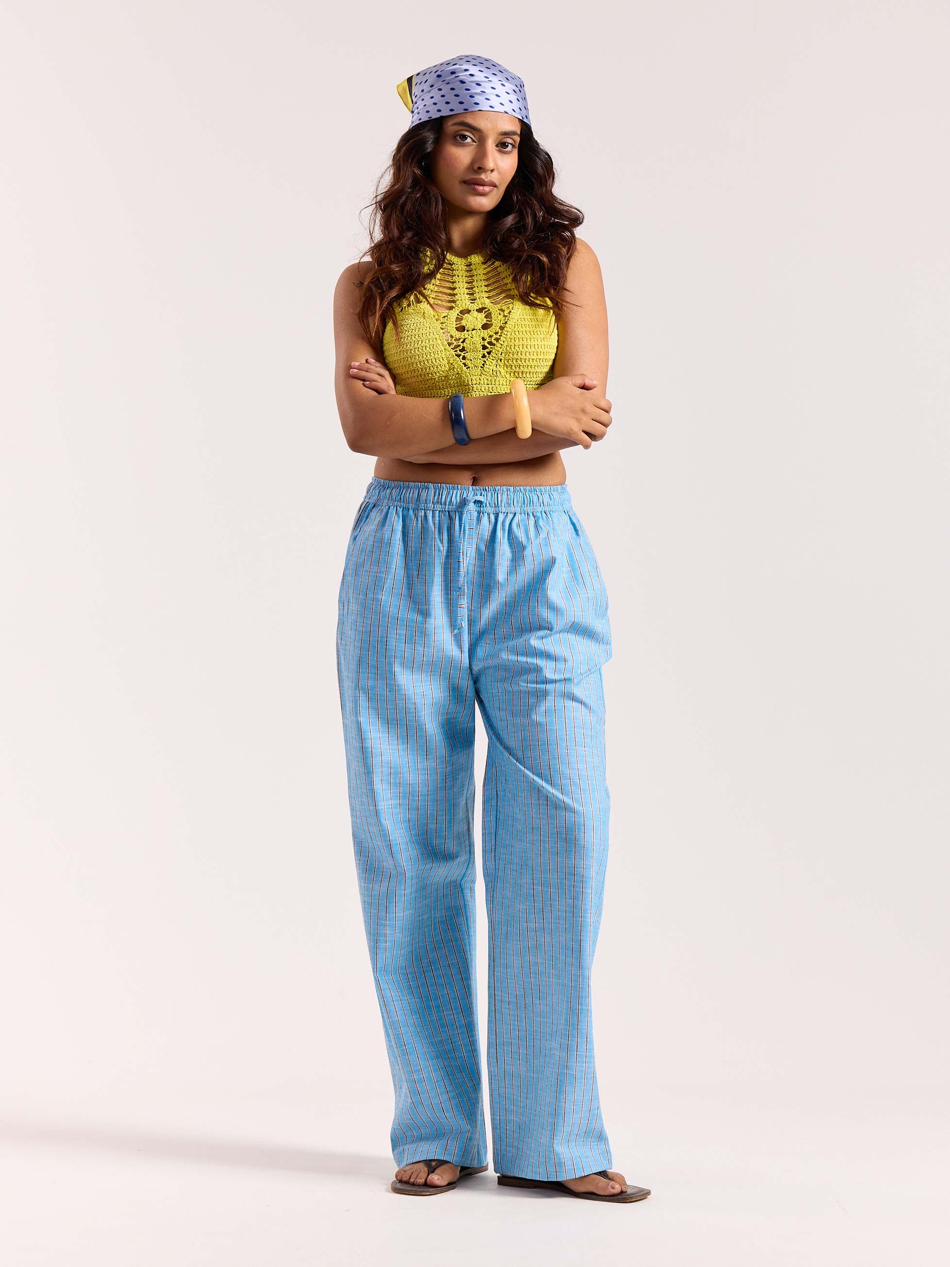 Sky Blue Striped Linen Pull-on Pants - Image 2