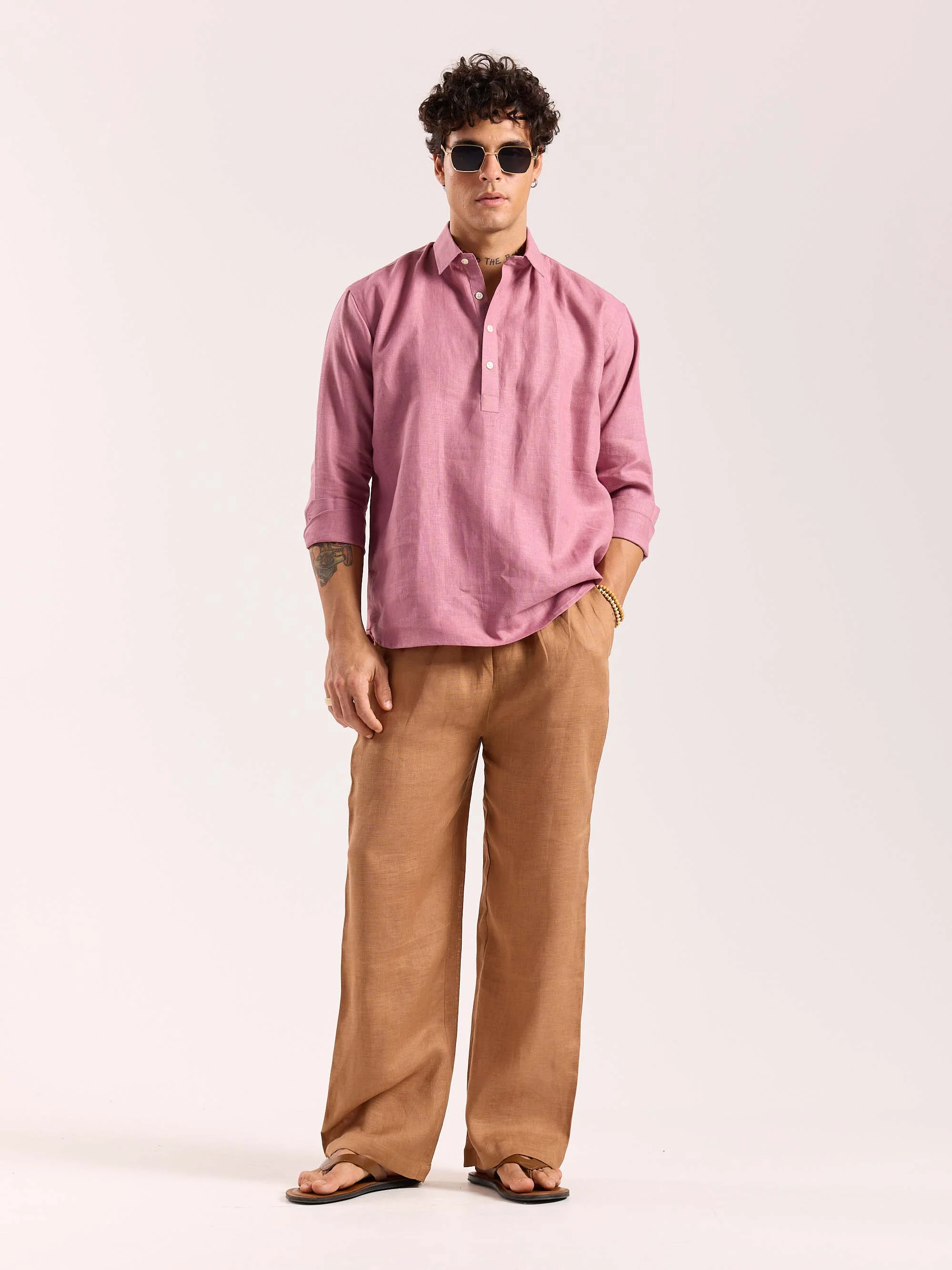 Tan Brown Linen Pull-on Pants