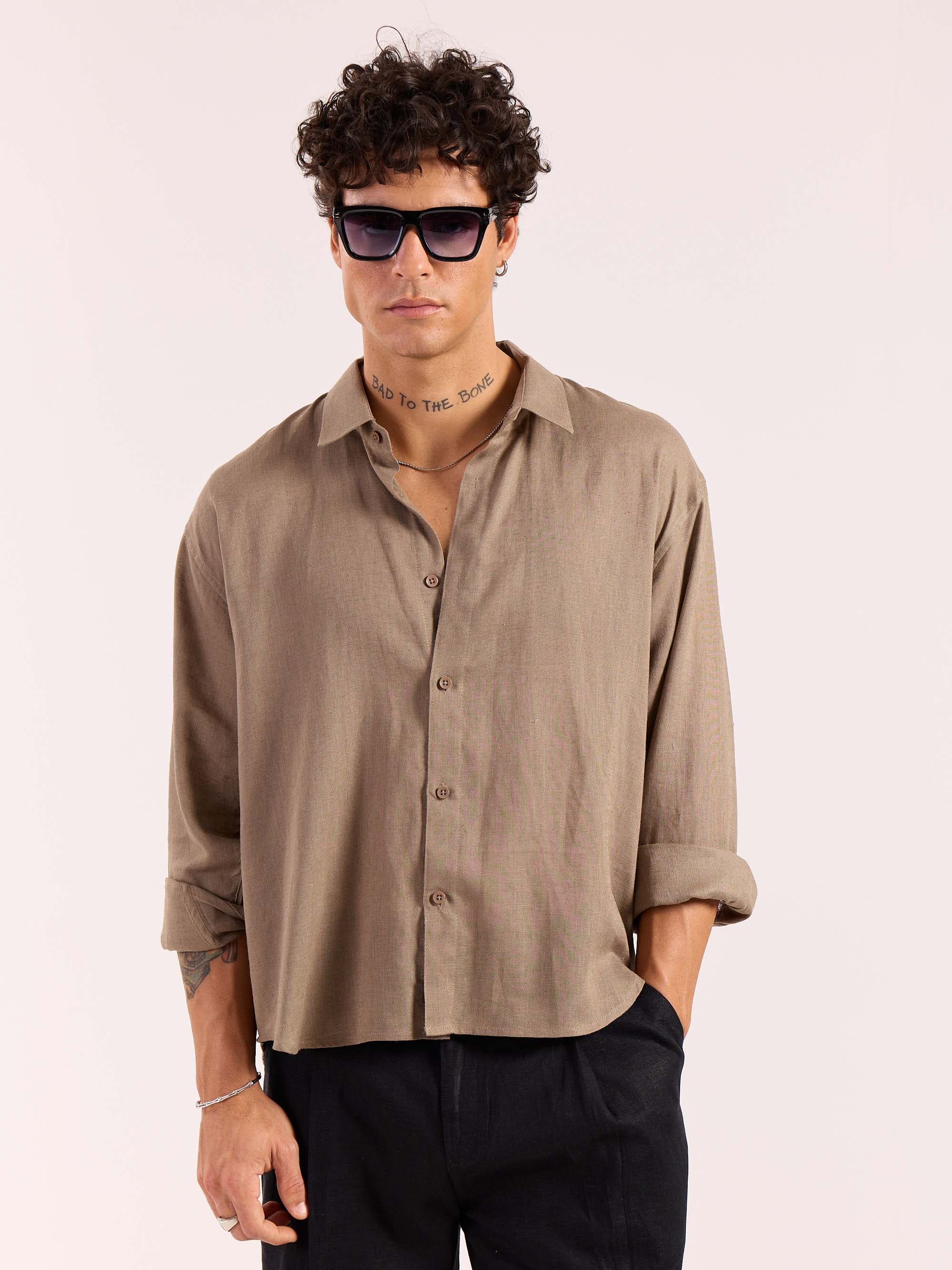 Taupe Linen Cropped Shirt - Image 2