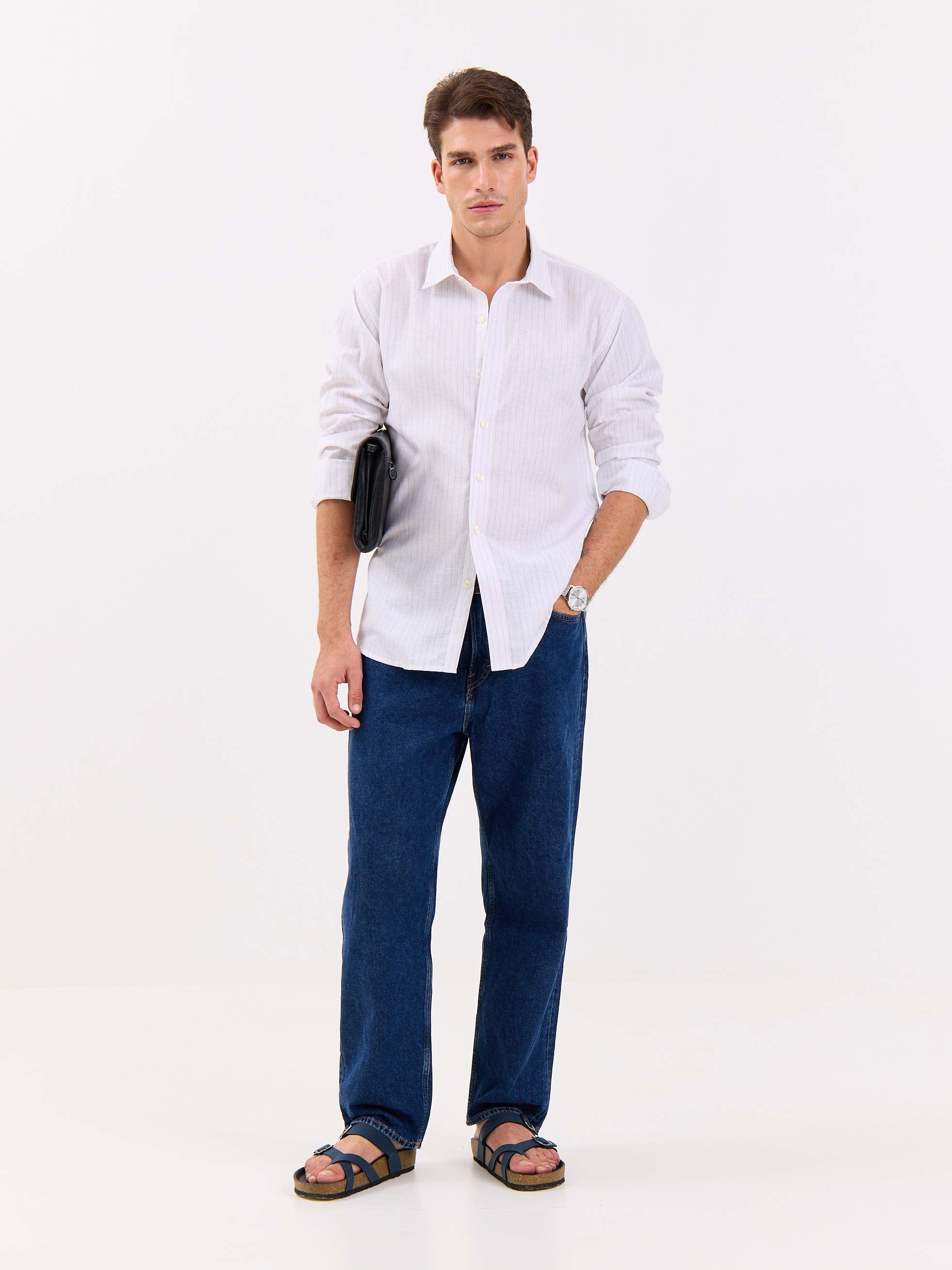 White & Blue Striped Linen-blend Shirt