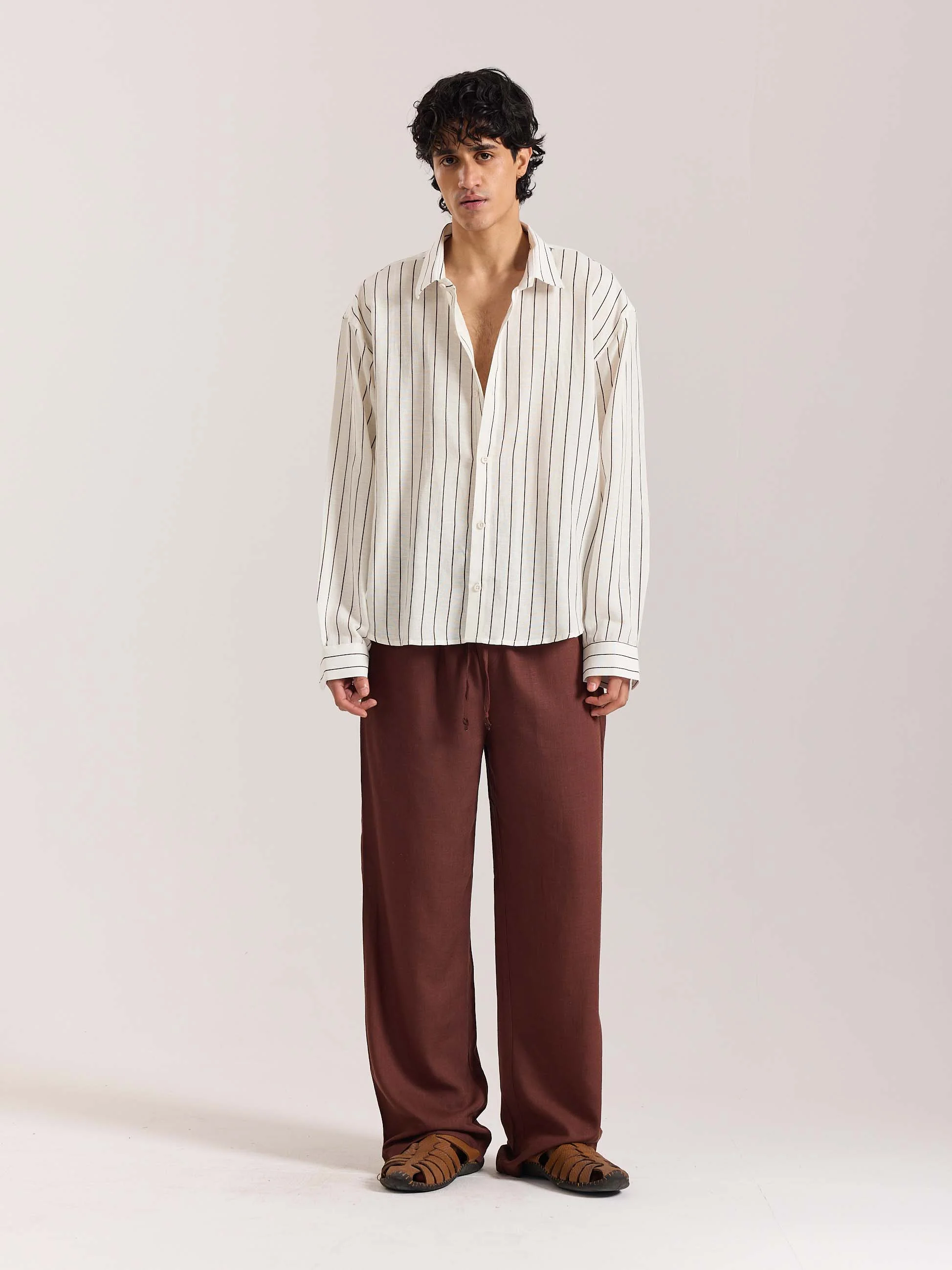 White & Brown Striped Linen Cropped Shirt