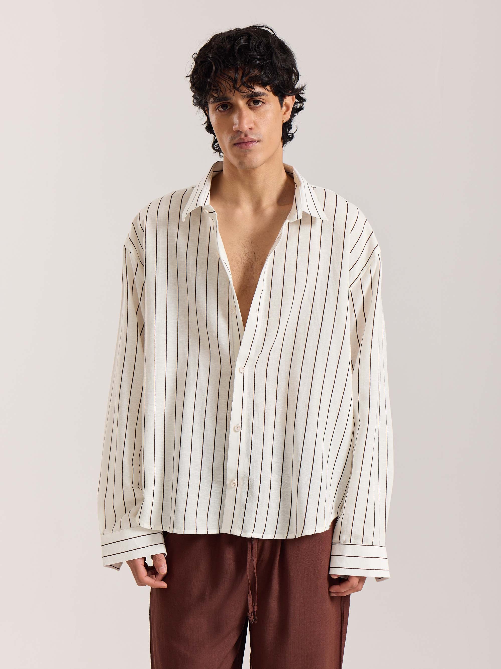 White & Brown Striped Linen Cropped Shirt - Image 2