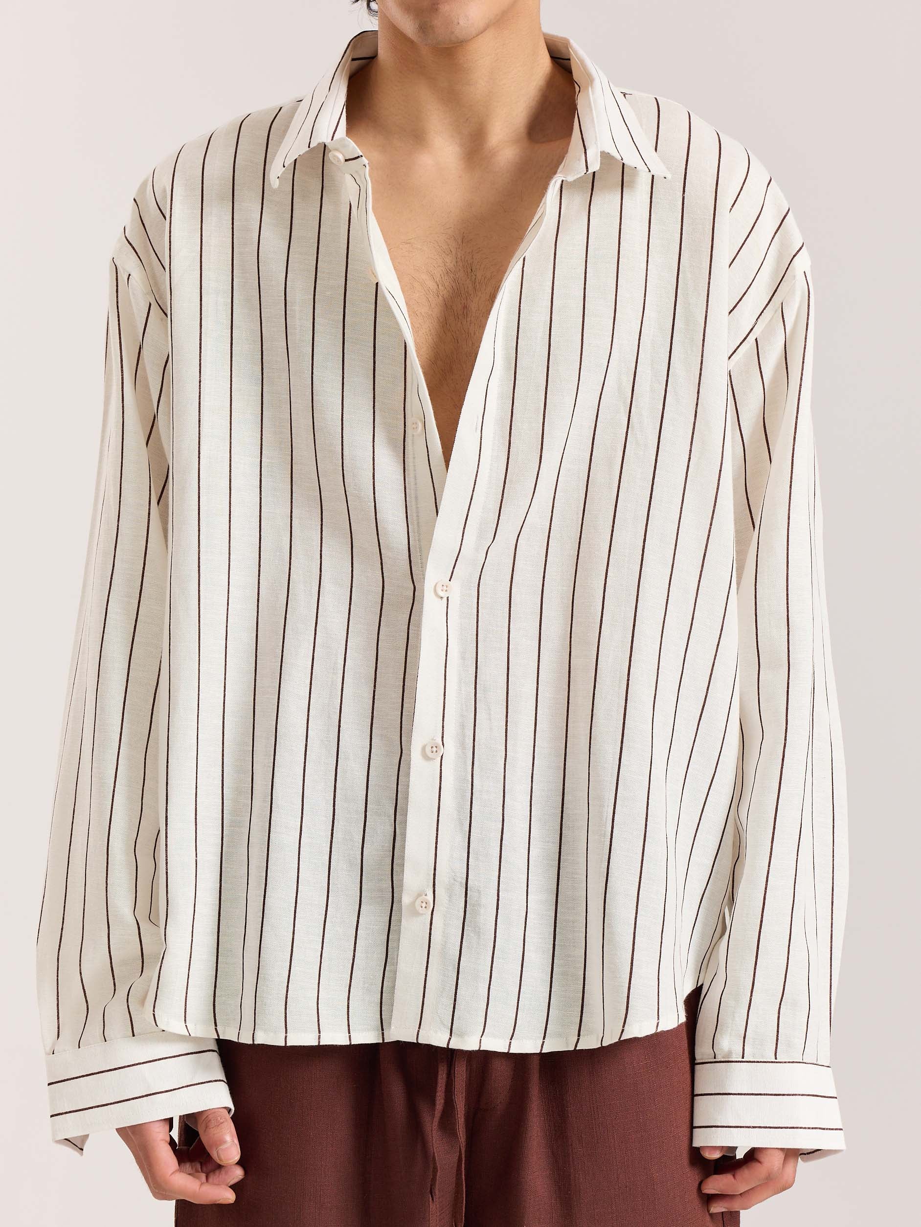 White & Brown Striped Linen Cropped Shirt - Image 3