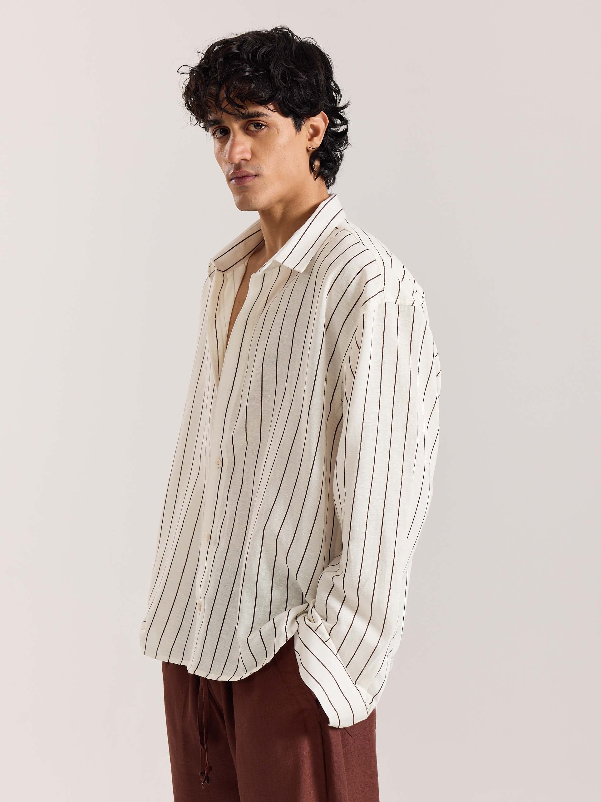 White & Brown Striped Linen Cropped Shirt - Image 4