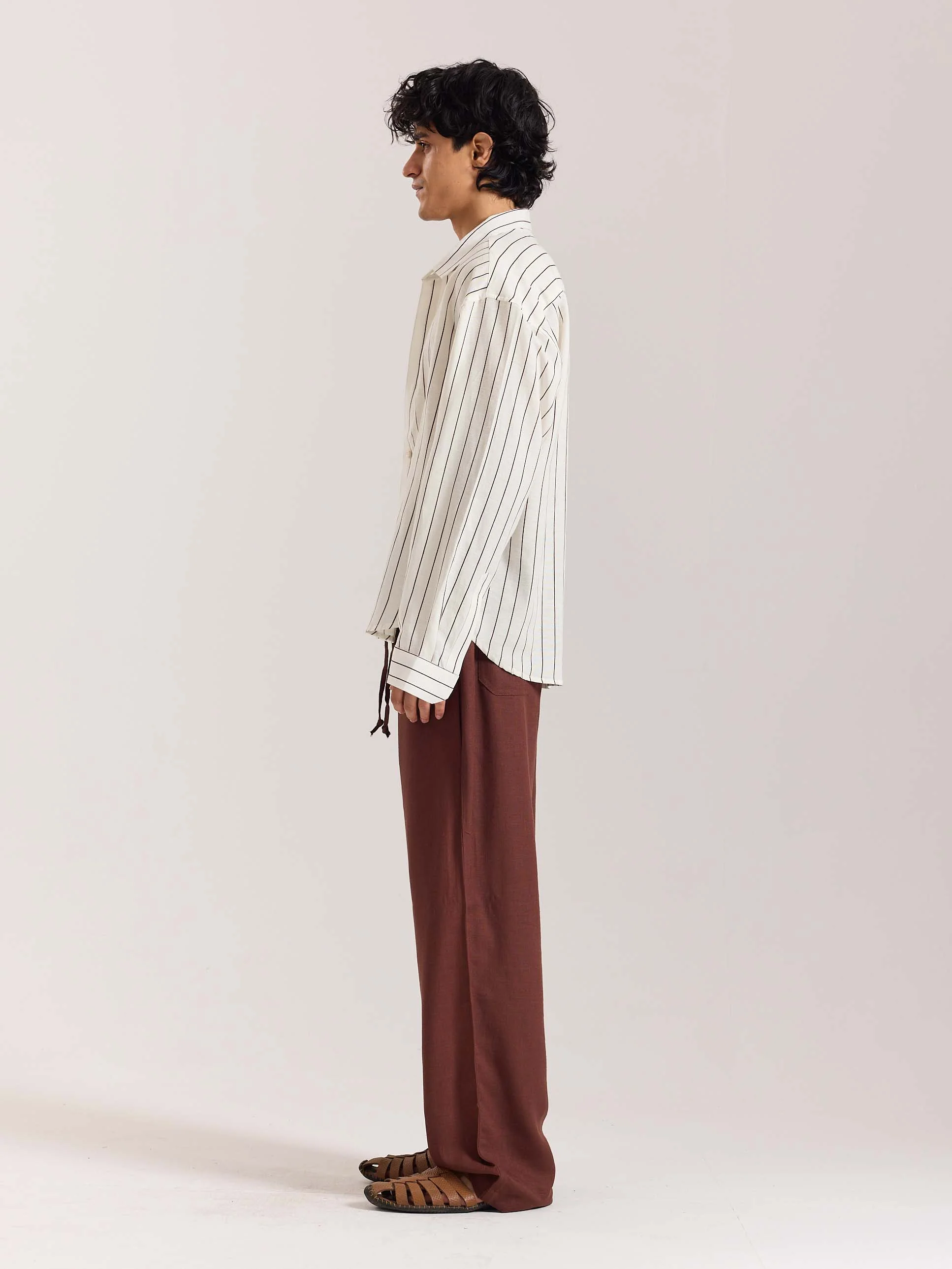 White & Brown Striped Linen Cropped Shirt - Image 5