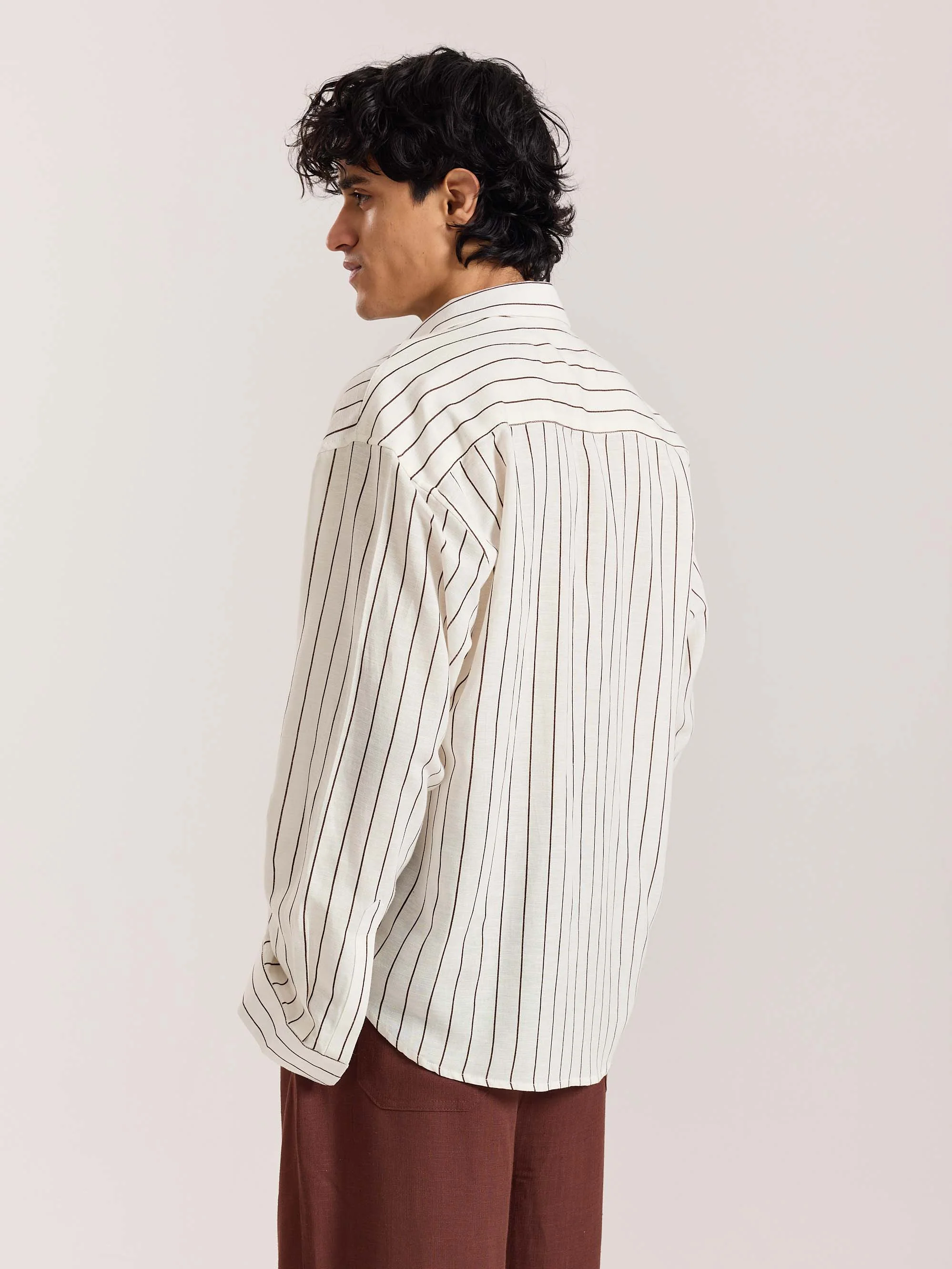 White & Brown Striped Linen Cropped Shirt - Image 6