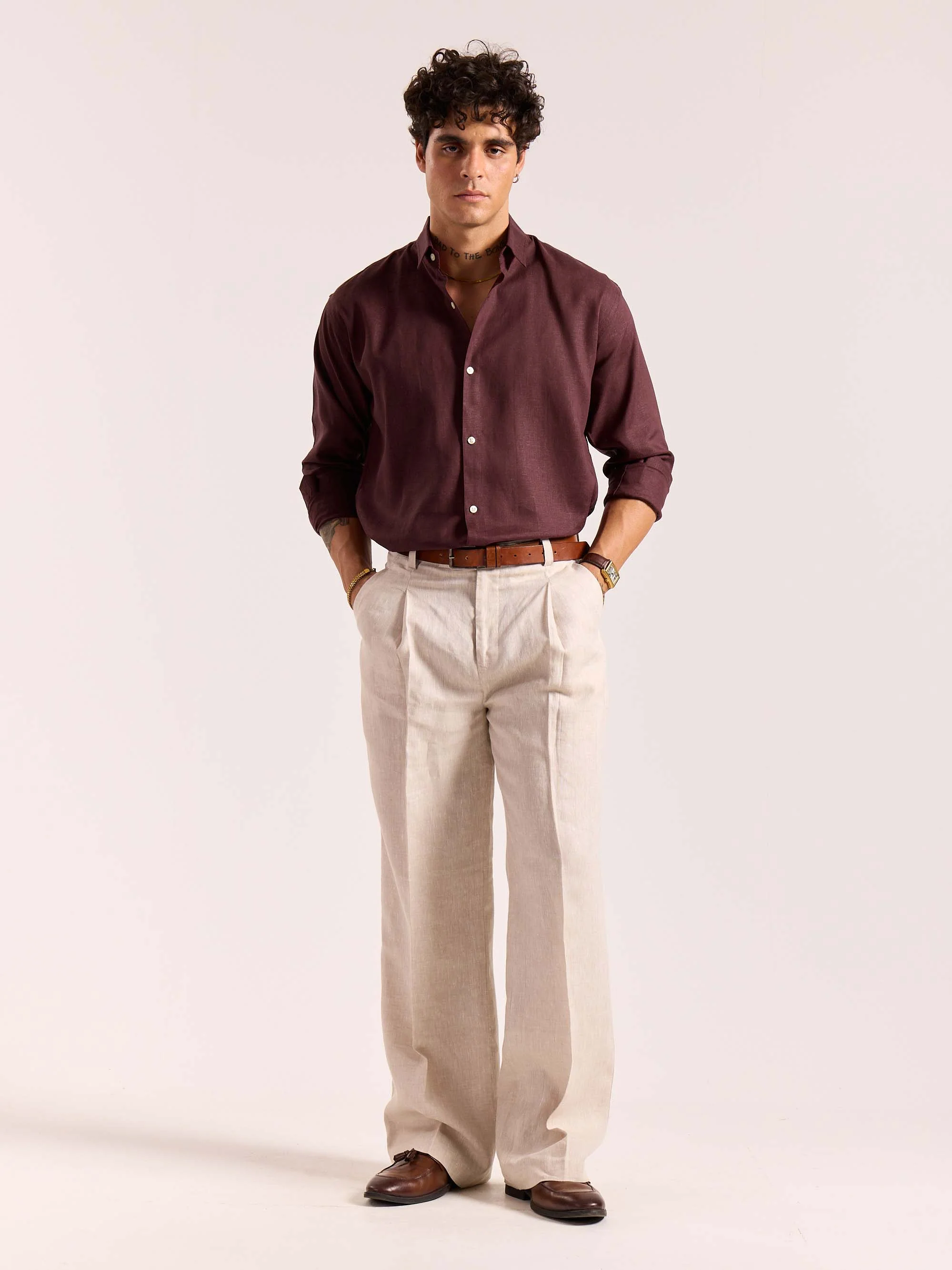 Wine Linen-blend Shirt
