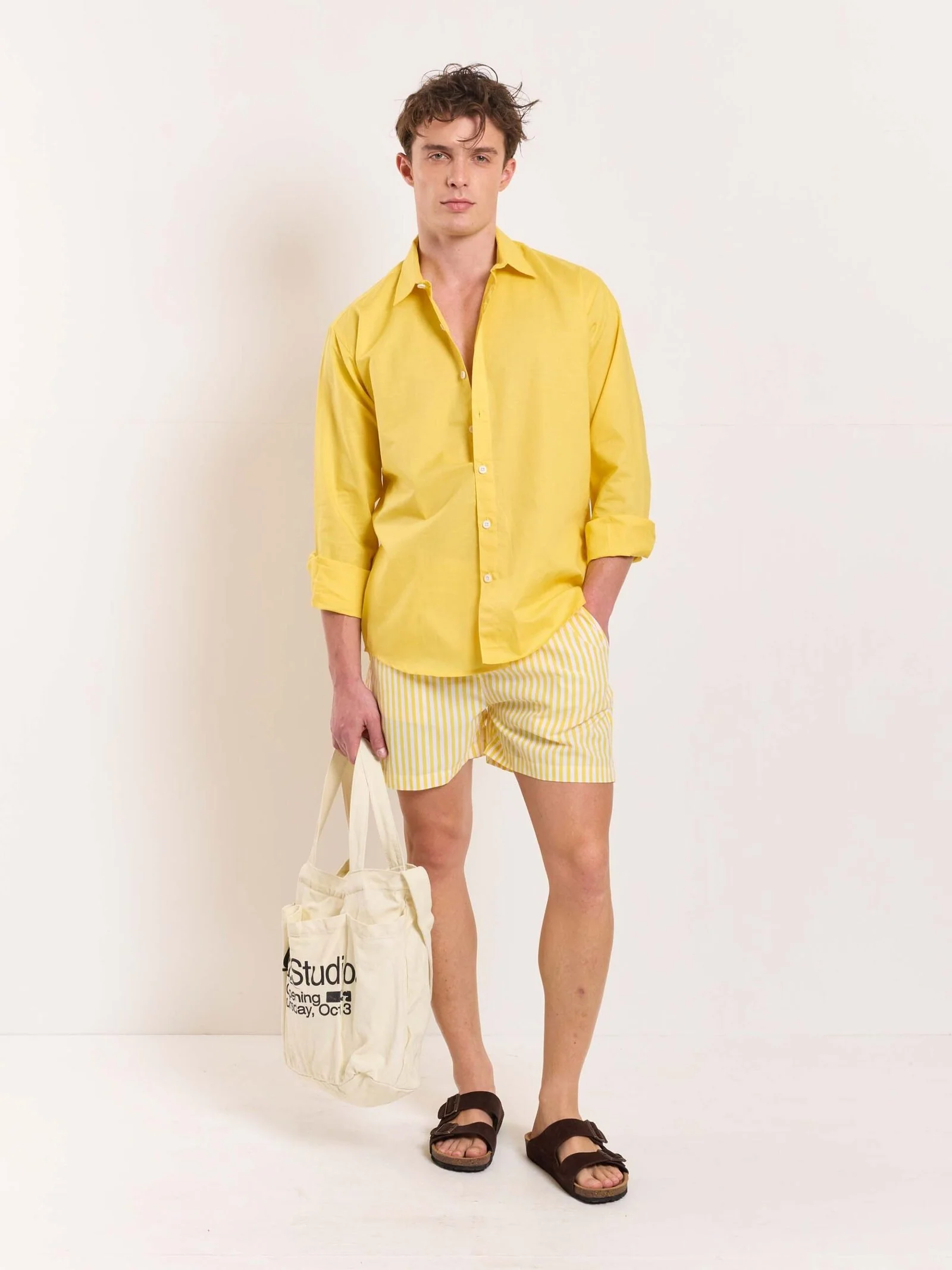 Yellow Striped Poplin Shorts