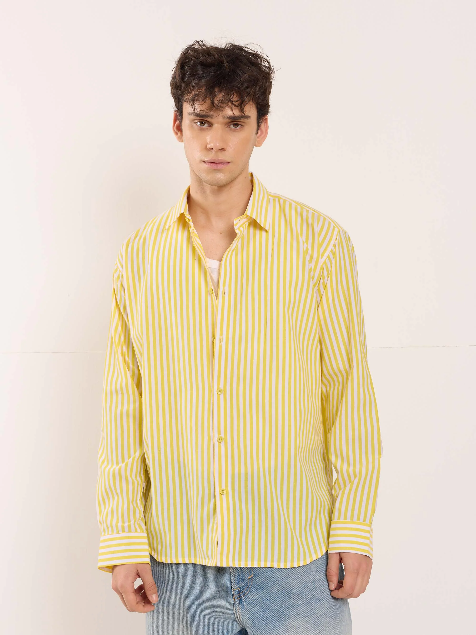 Yellow & White Poplin Striped Shirt